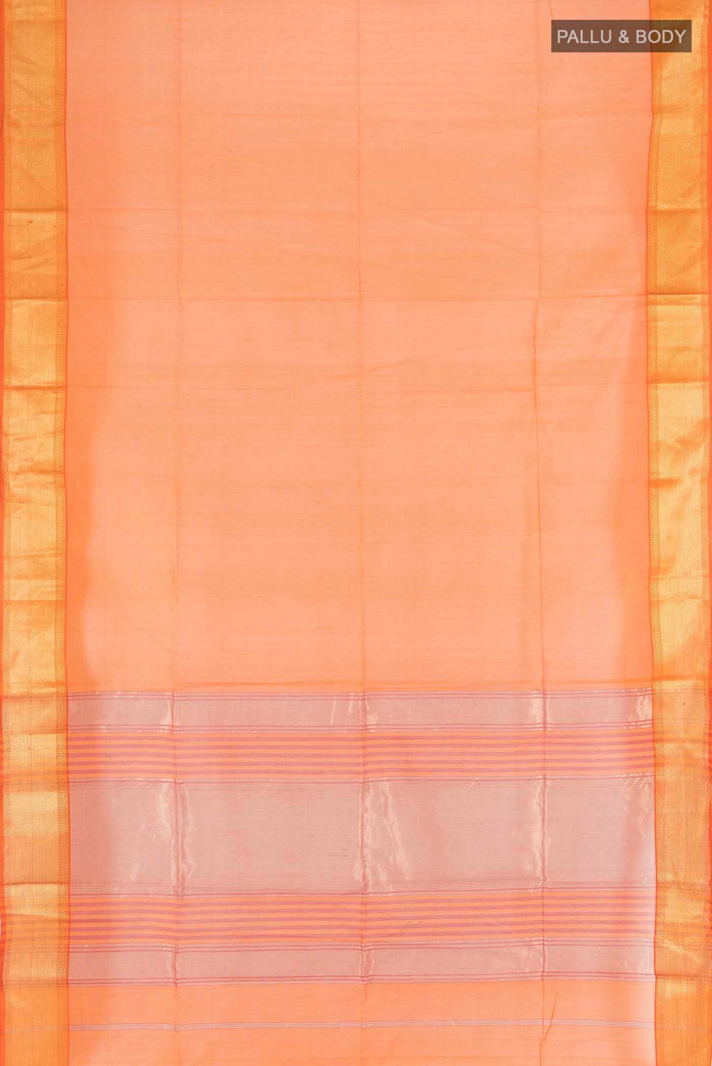 Flat view of Orange Maheshwari Silk Cotton Saree with Zari Butta on the body and Silk Border