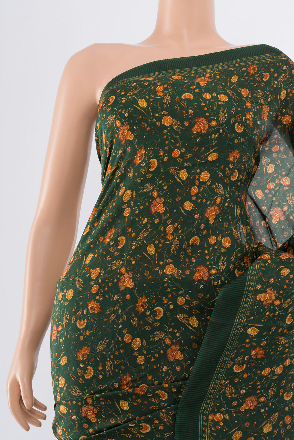 Border image of Bottle Green Printed Silk Saree with Floral Print on the body and Silk Border. 