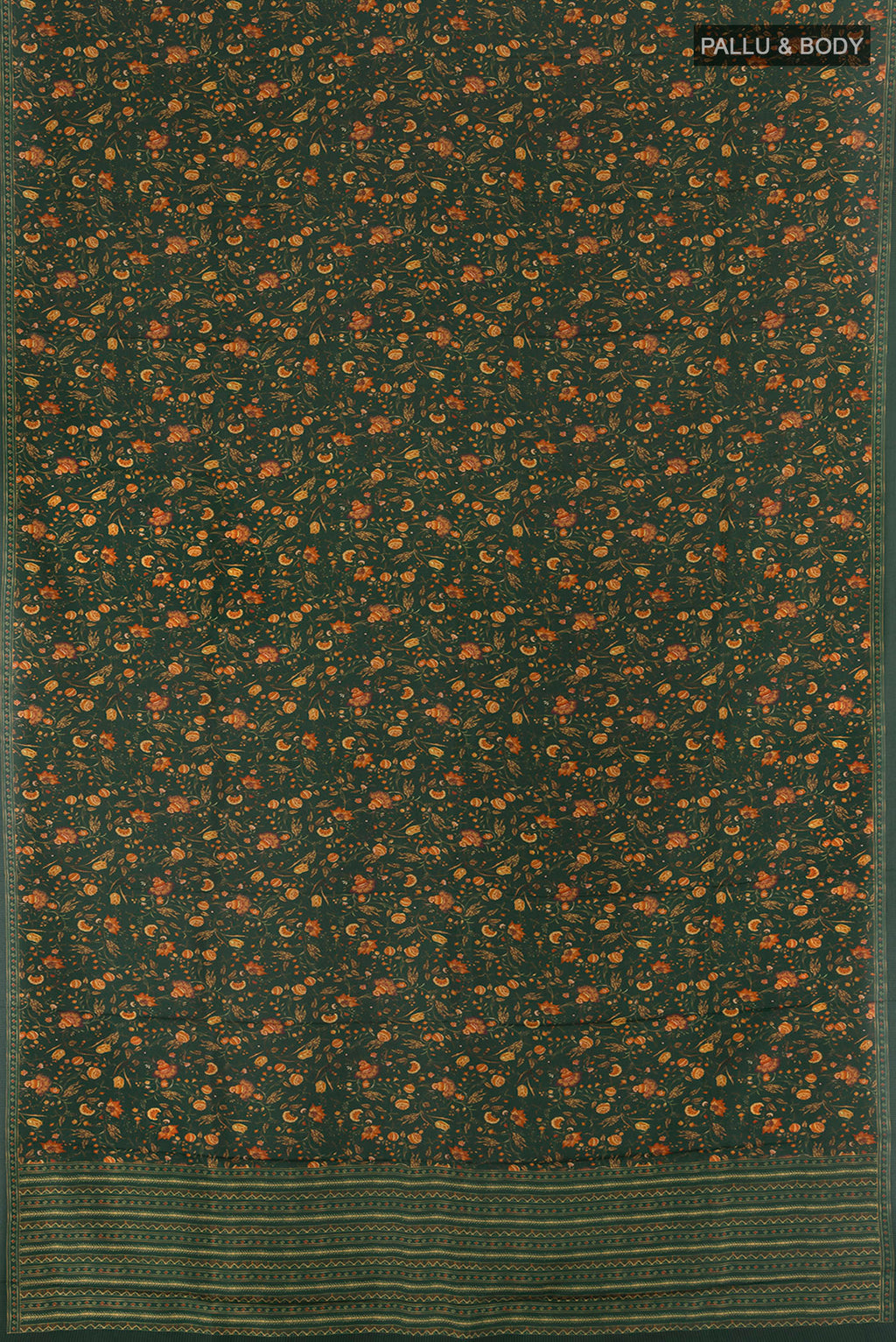 Flat view of Bottle Green Printed Silk Saree with Floral Print on the body and Silk Border. 