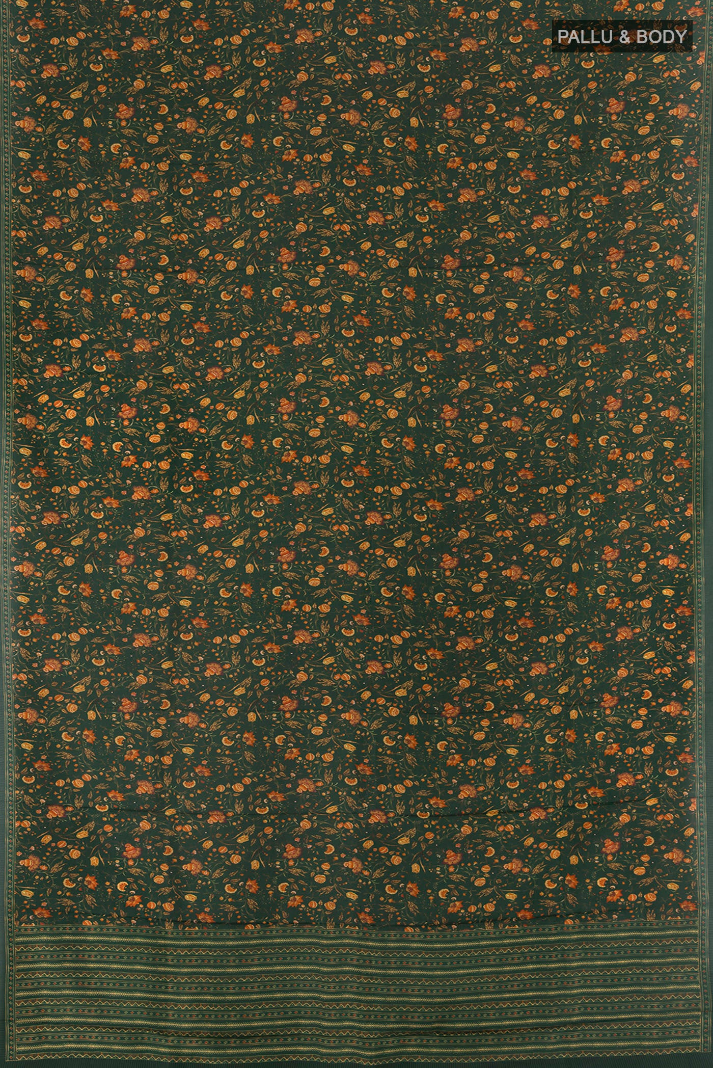 Flat view of Bottle Green Printed Silk Saree with Floral Print on the body and Silk Border. 