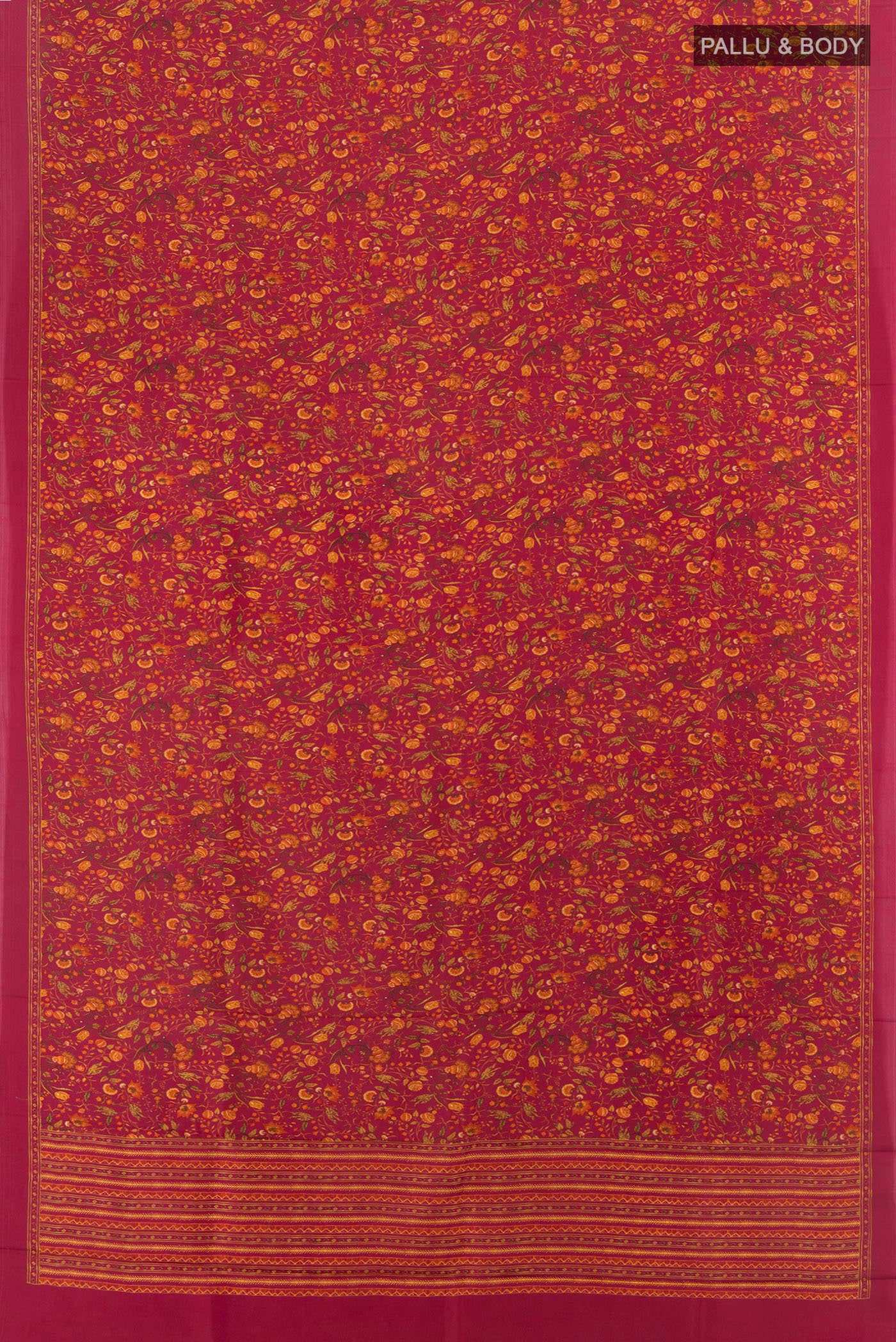 Flat view of Red Printed Silk Saree with Floral Print on the body and Printed Border. 