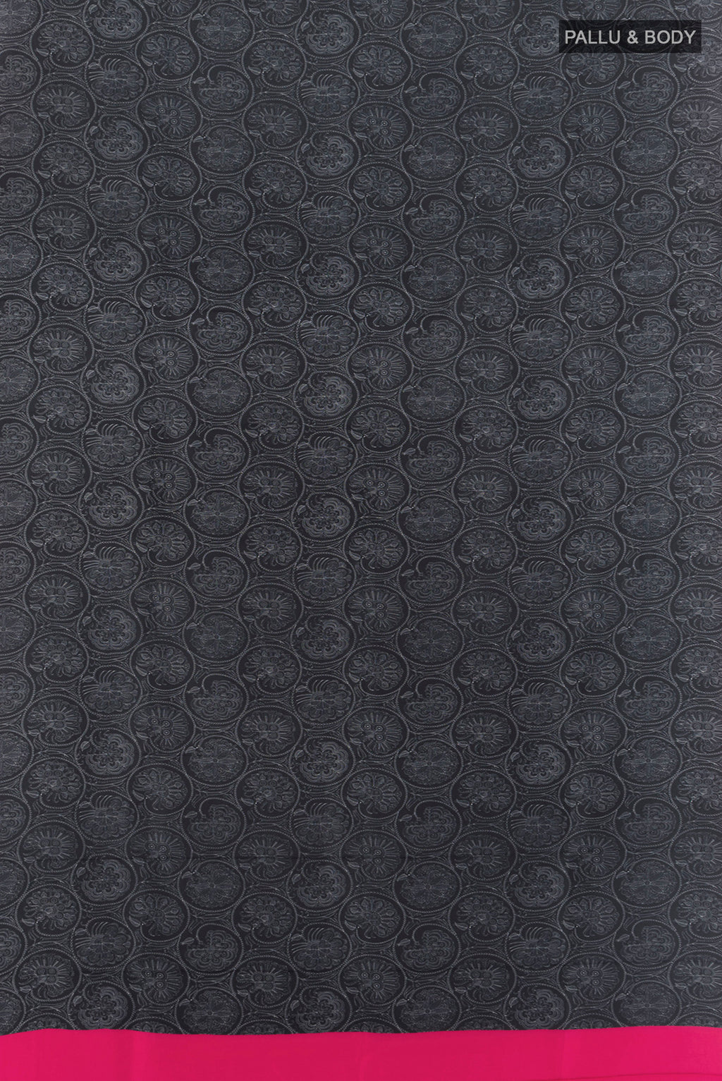 Flat view of Black Printed Silk Saree with Floral Print on the body and Plain Border. 
