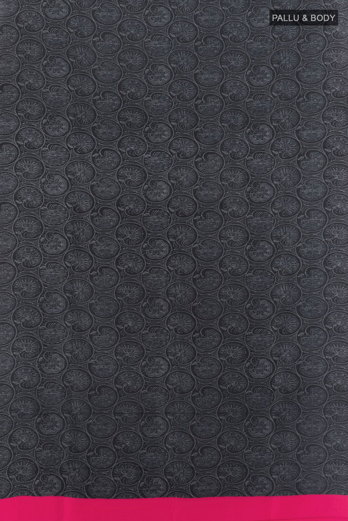 Flat view of Black Printed Silk Saree with Floral Print on the body and Plain Border. 