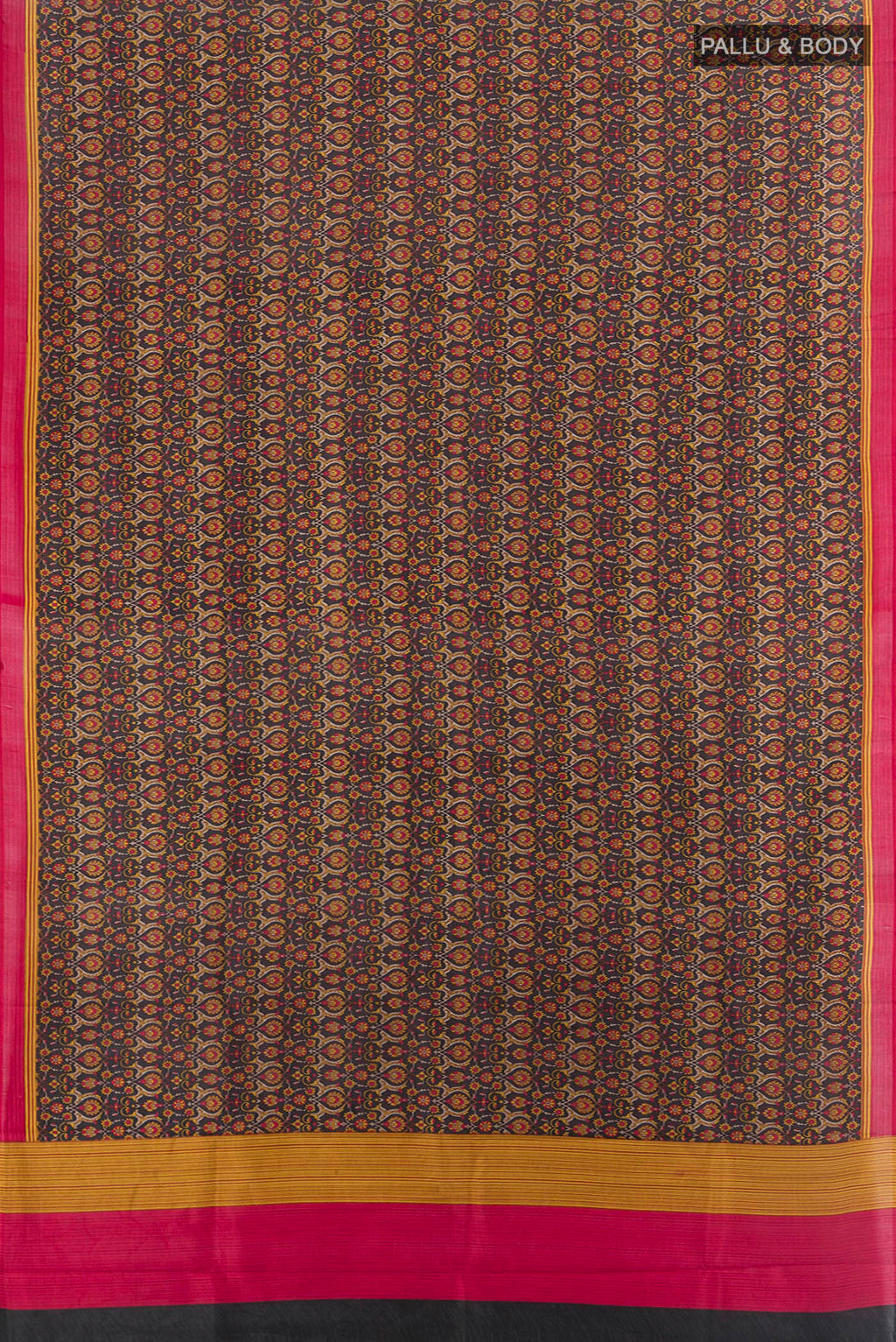 Flat view of Black Printed Silk Saree with Floral Print on the body and Printed Border. 