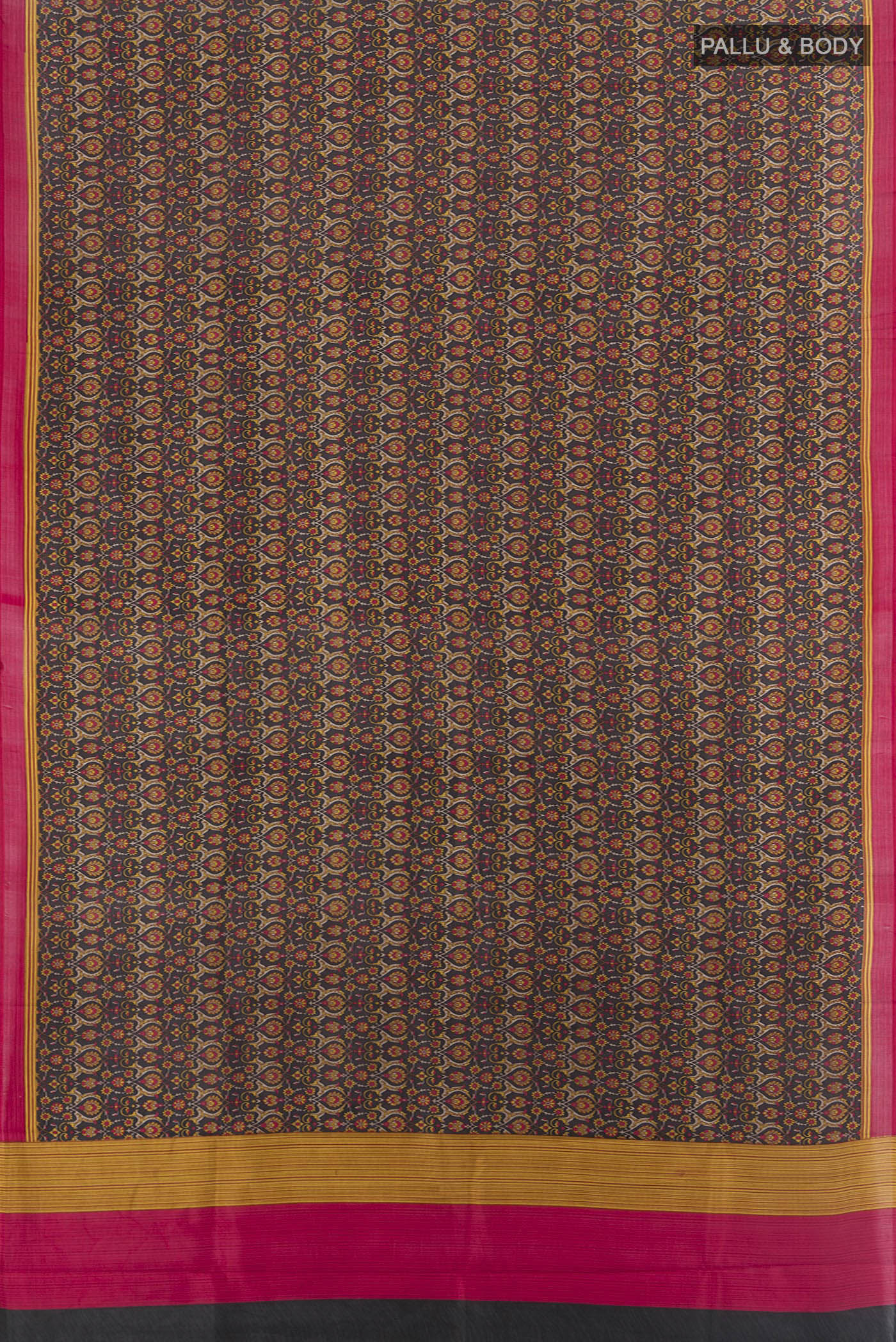 Flat view of Black Printed Silk Saree with Floral Print on the body and Printed Border. 
