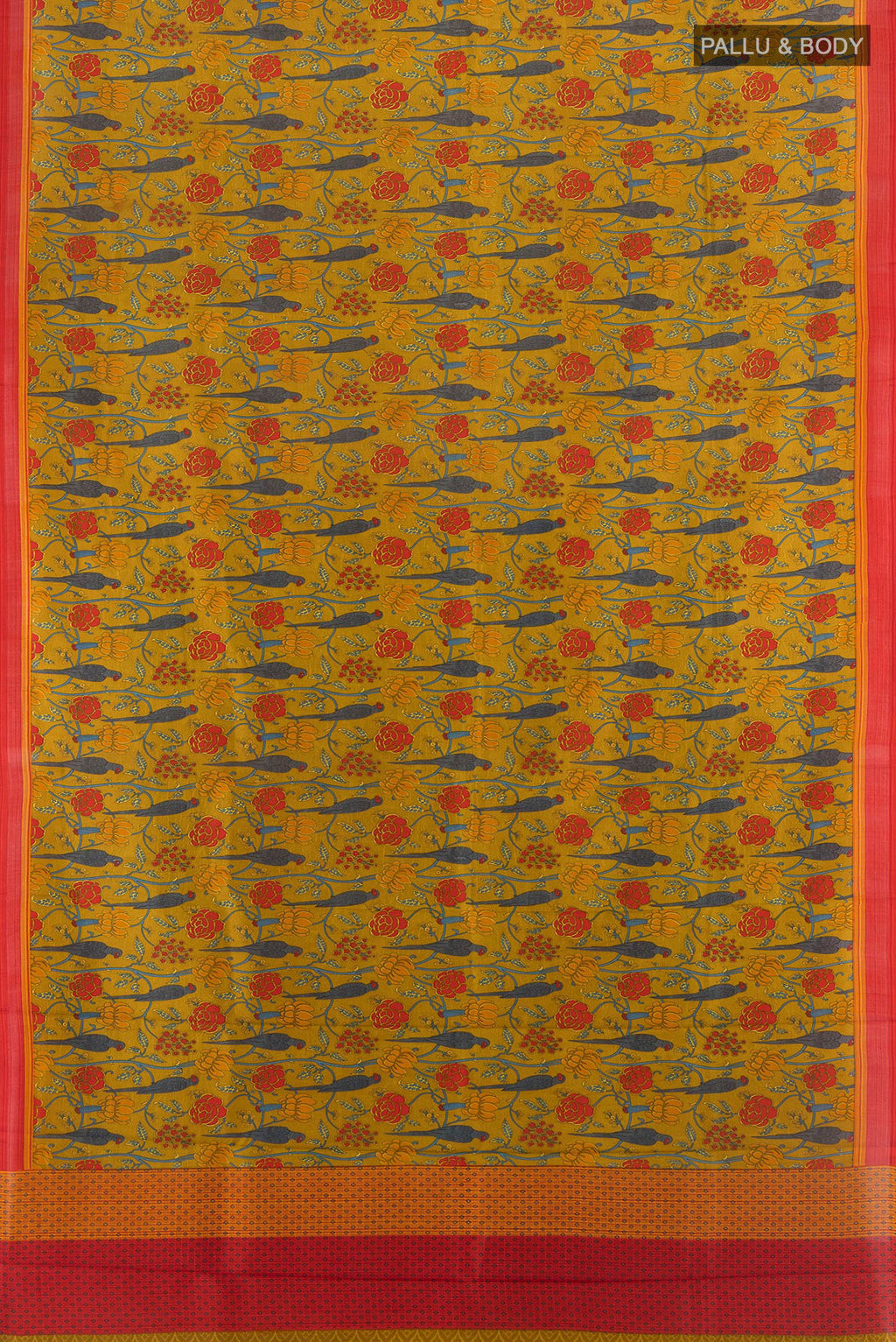 Flat view of Mehandi Green Printed Silk Saree with Bird Print on the body and Plain Border. 