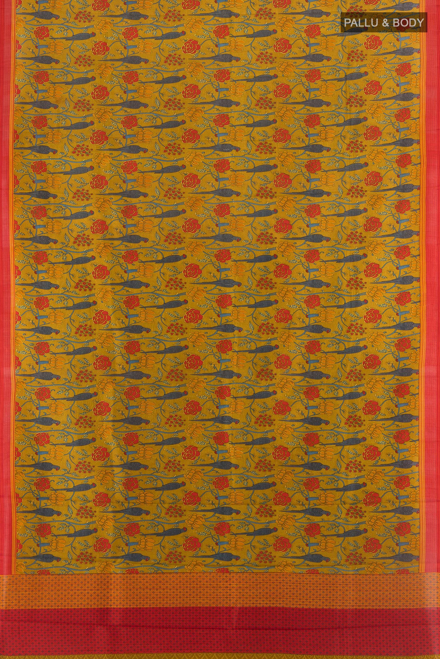 Flat view of Mehandi Green Printed Silk Saree with Bird Print on the body and Plain Border. 