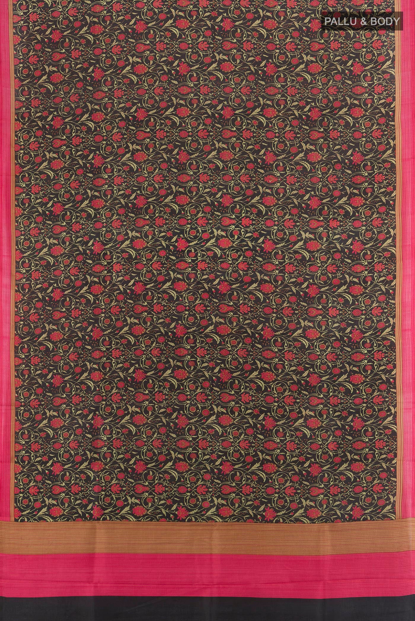 Flat view of Black Printed Silk Saree with Floral Print on the body and Printed Border. 