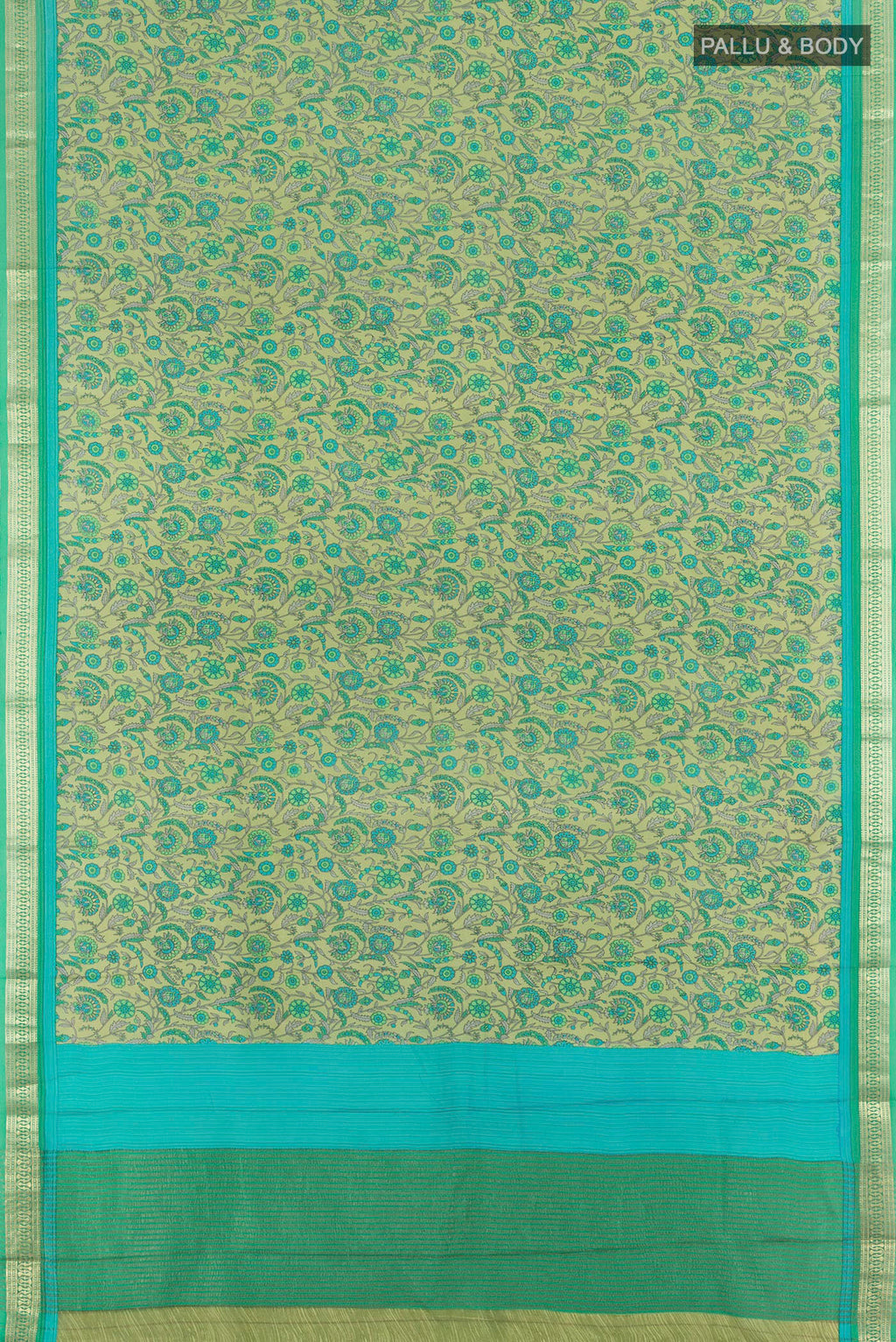 Flat view of Sage Green Mysore Crepe Saree with Floral Print on the body and Zari Border. 