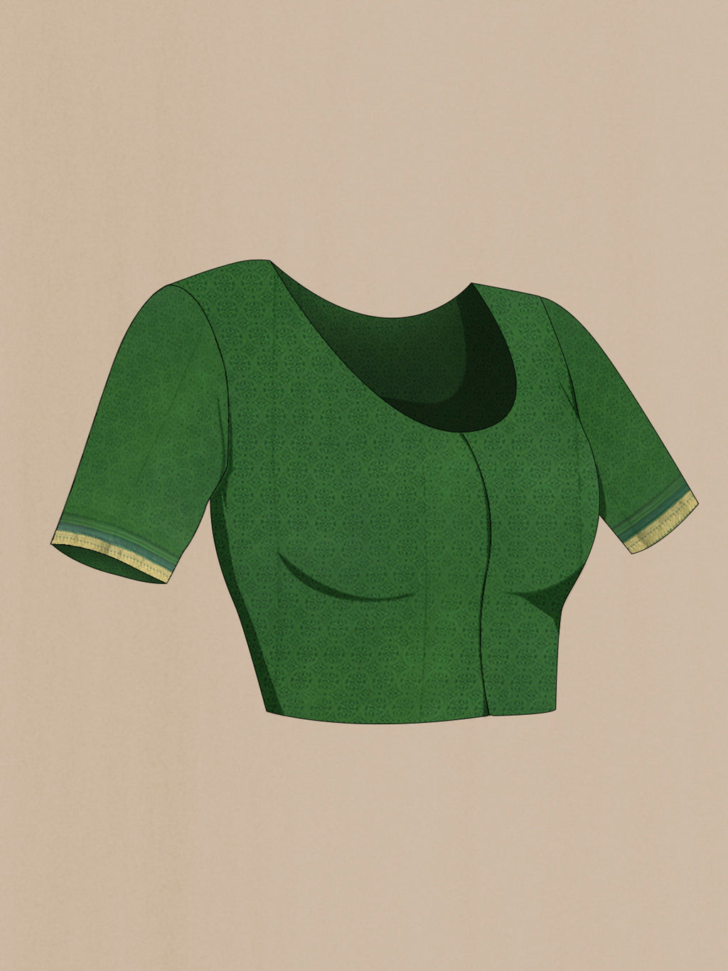 Close up image of the blouse of Green Crepe Saree with Floral Print on the body and Zari Border. 