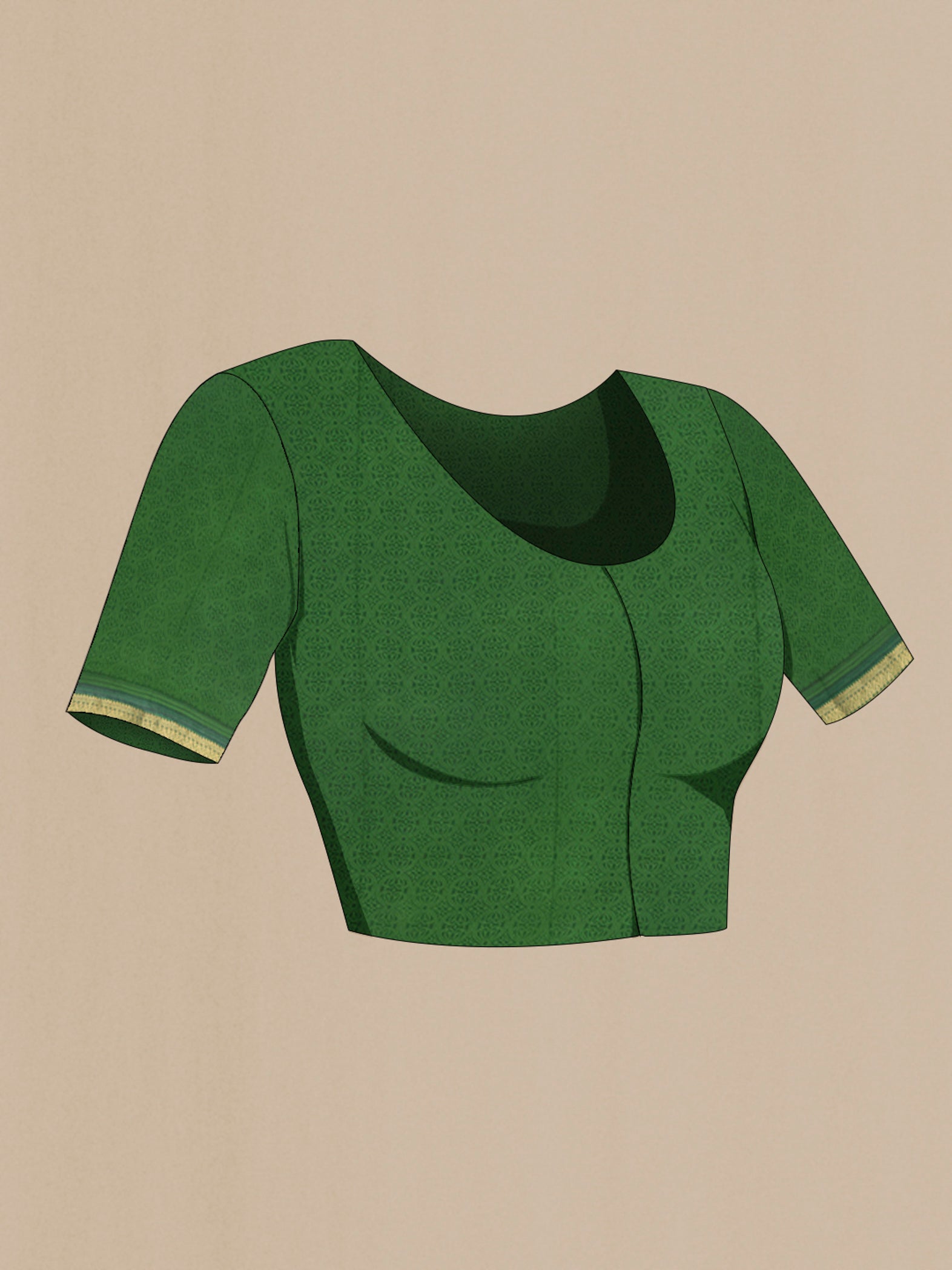 Close up image of the blouse of Green Crepe Saree with Floral Print on the body and Zari Border. 