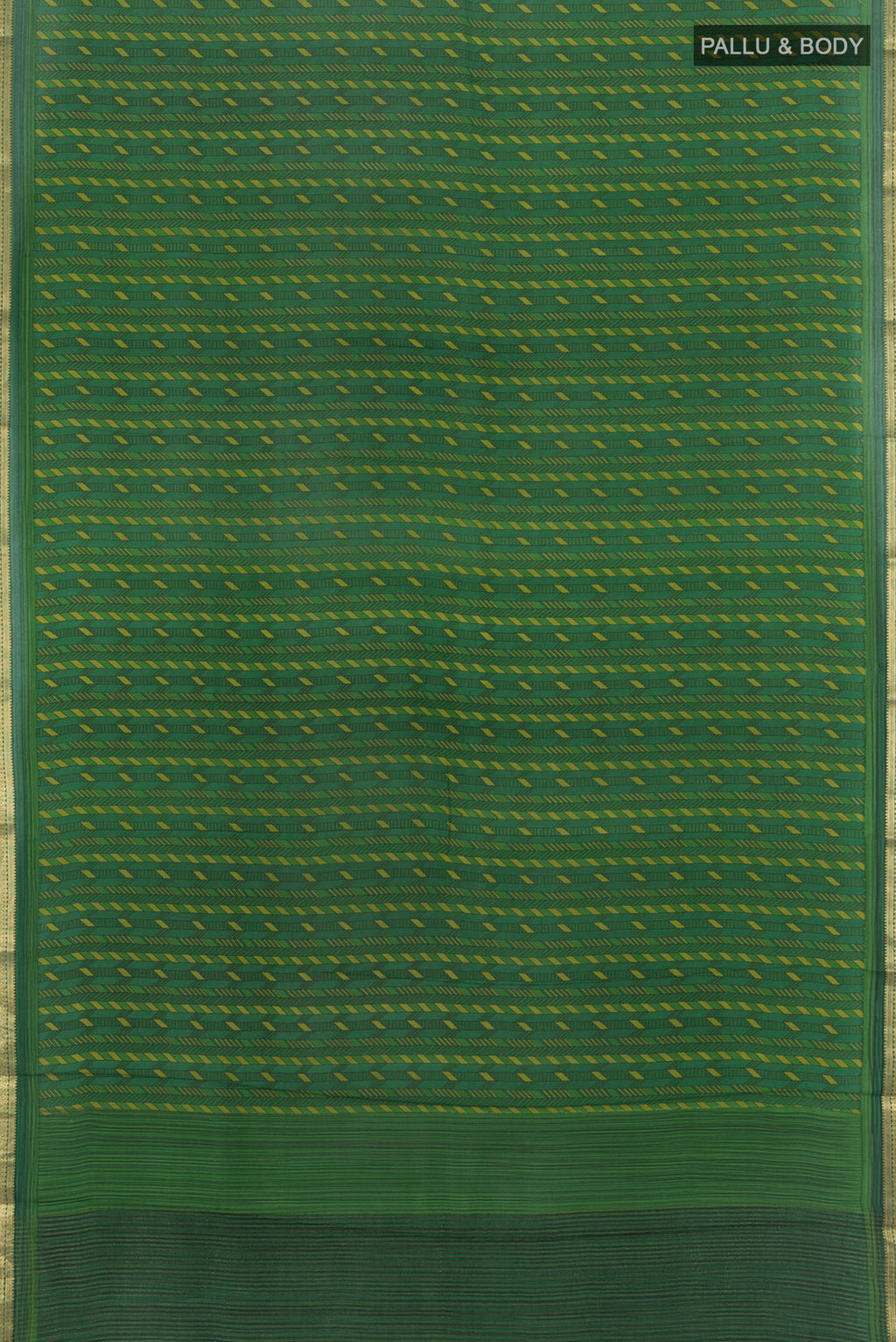 Flat view of Green Crepe Saree with Floral Print on the body and Zari Border. 