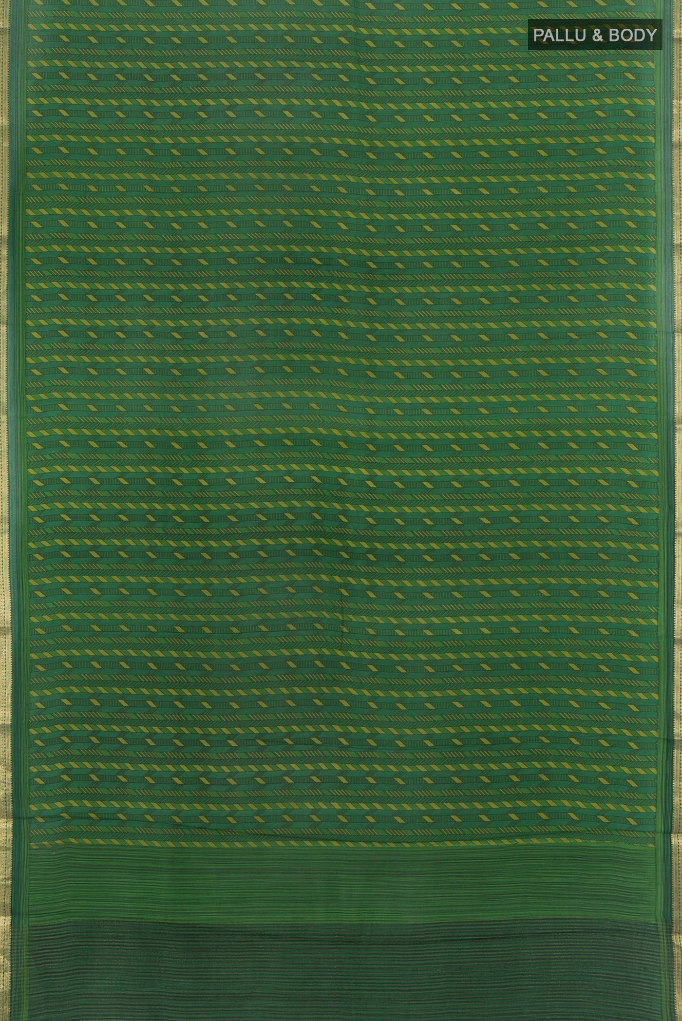Flat view of Green Crepe Saree with Floral Print on the body and Zari Border. 