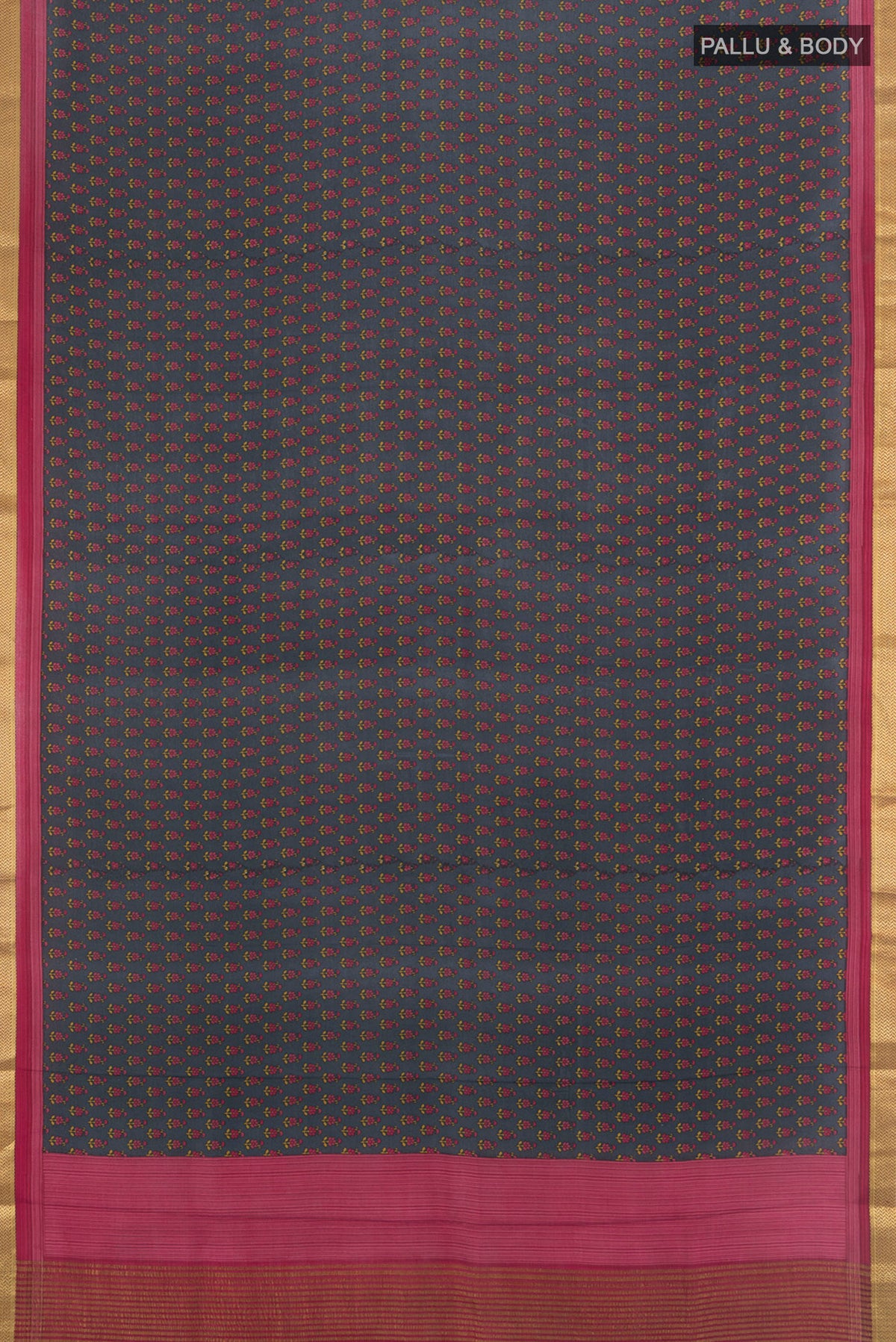 Flat view of Black Crepe Saree with Floral Print on the body and Zari Border. 