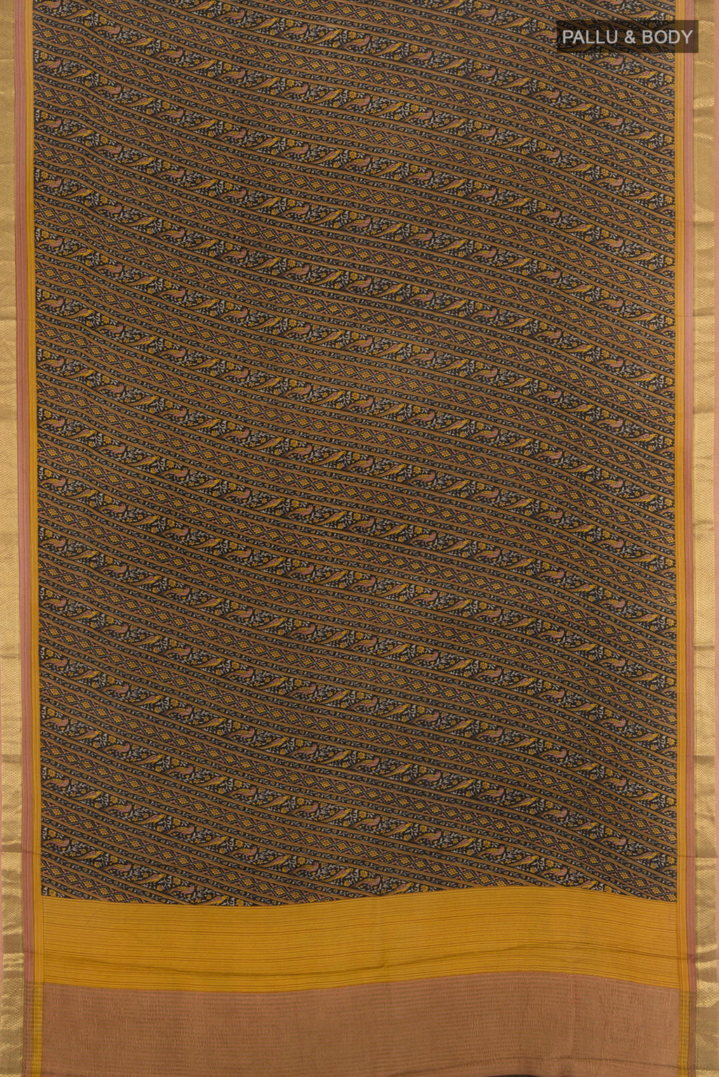 Flat view of Black Crepe Saree with Floral Print on the body and Zari Border. 