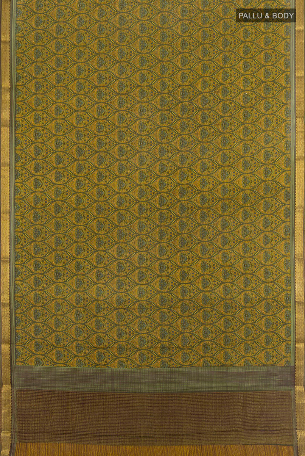 Flat view of Mustard Mysore Crepe Saree with Floral Print on the body and Zari Border. 