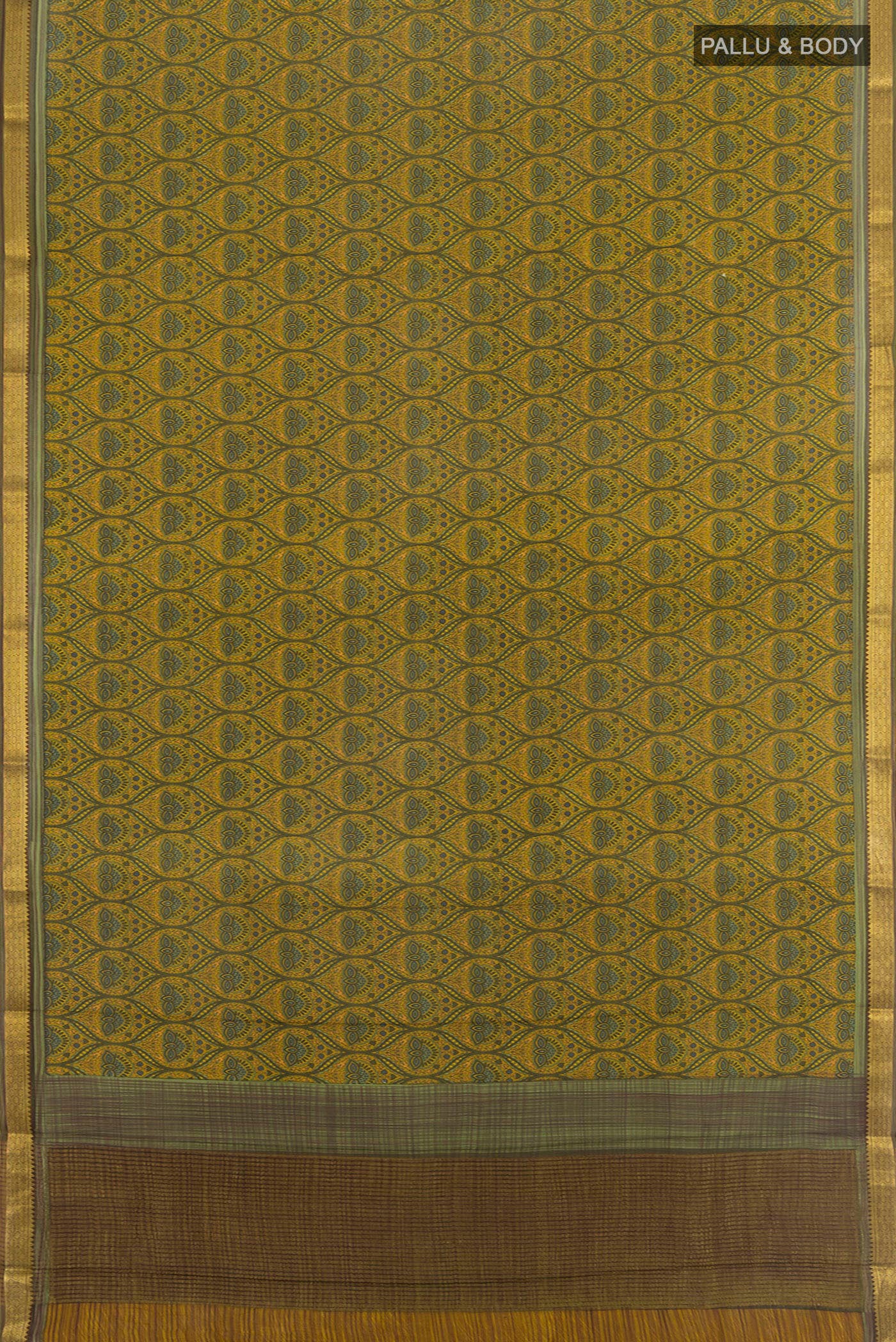 Flat view of Mustard Mysore Crepe Saree with Floral Print on the body and Zari Border. 