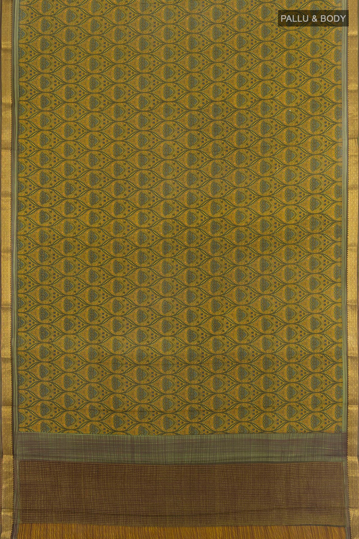 Flat view of Mustard Mysore Crepe Saree with Floral Print on the body and Zari Border. 
