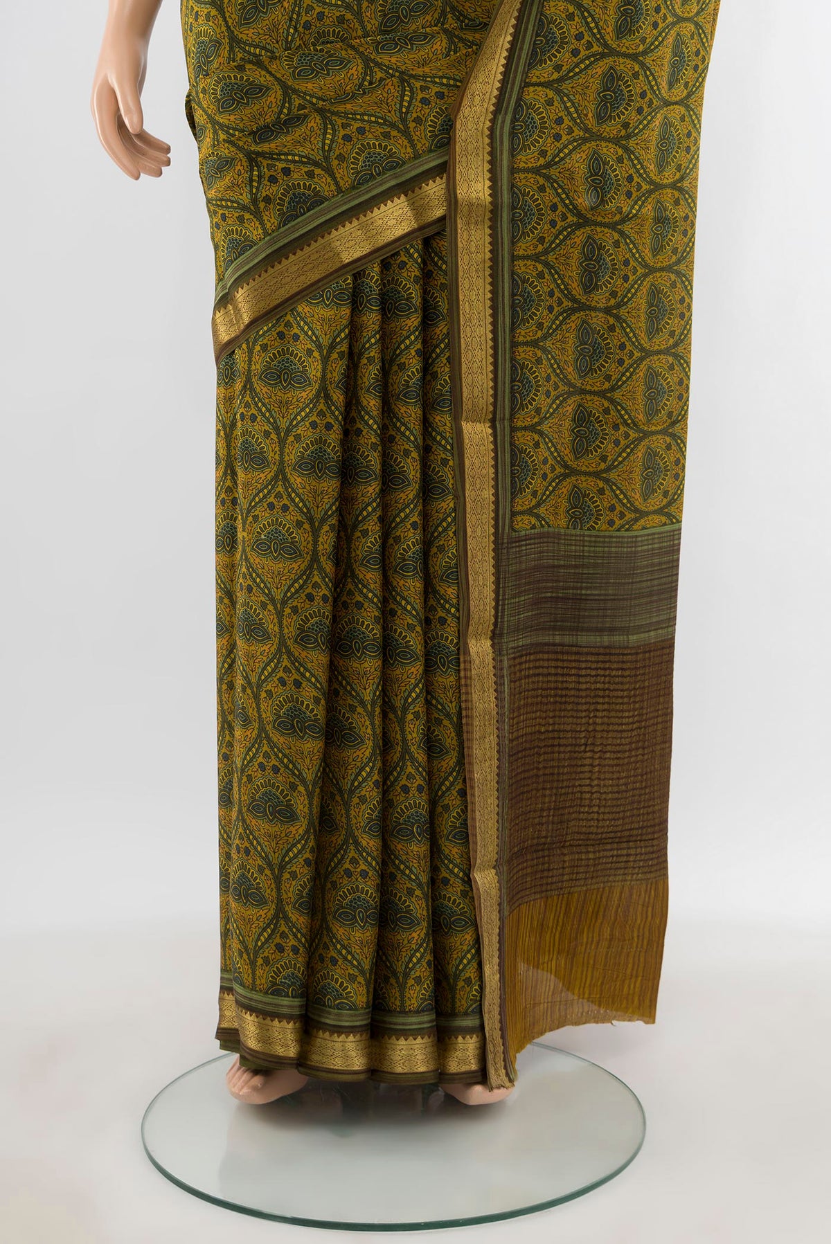 Pleats and pallu of Mustard Mysore Crepe Saree with Floral Print on the body and Zari Border. 