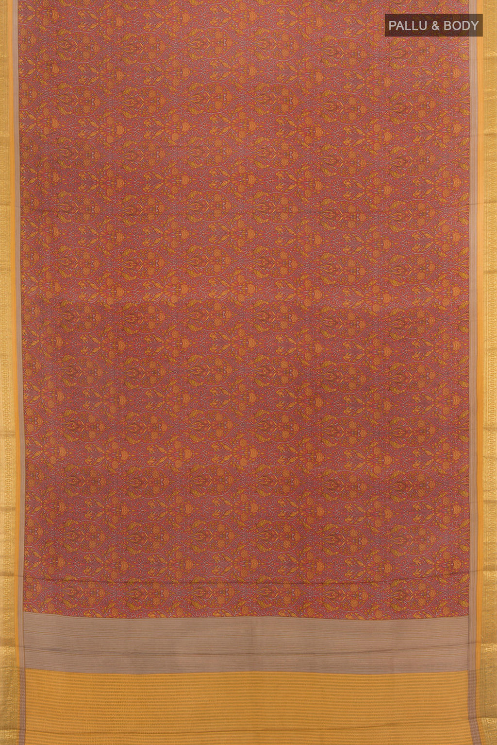 Flat view of Coral Crepe Saree with Floral Print on the body and Zari Border. 