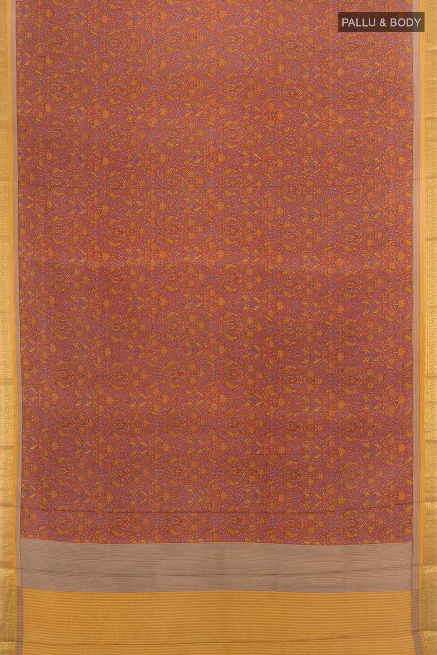 Flat view of Coral Crepe Saree with Floral Print on the body and Zari Border. 
