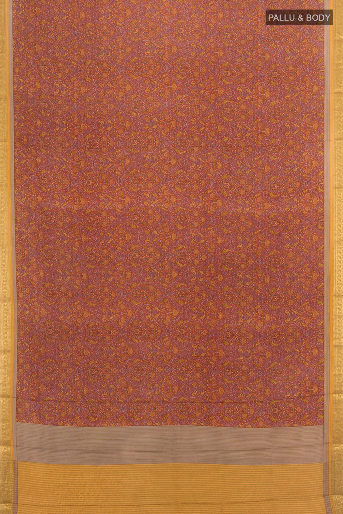 Flat view of Coral Crepe Saree with Floral Print on the body and Zari Border. 