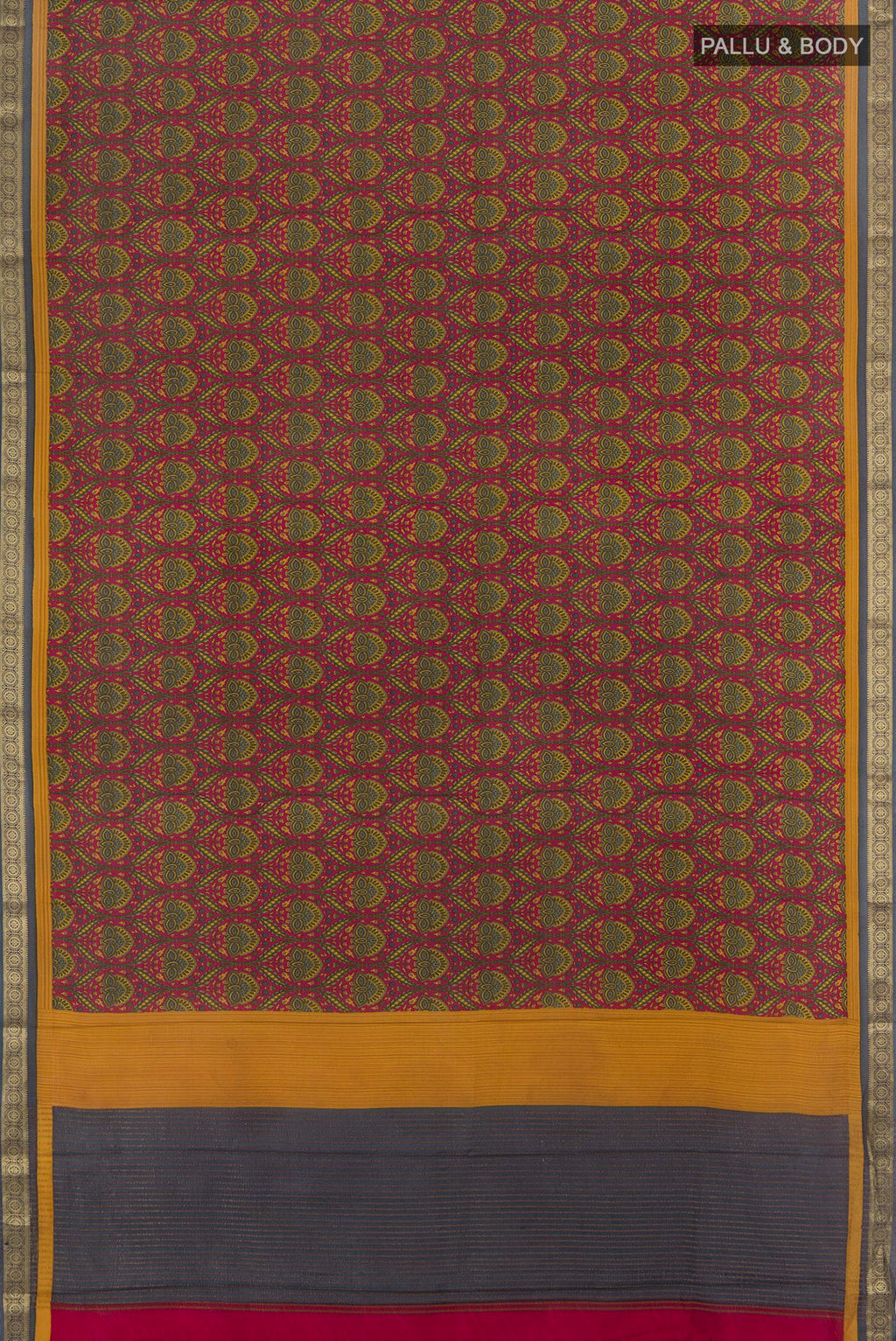 Flat view of Maroon Crepe Saree with Floral Print on the body and Zari Border. 
