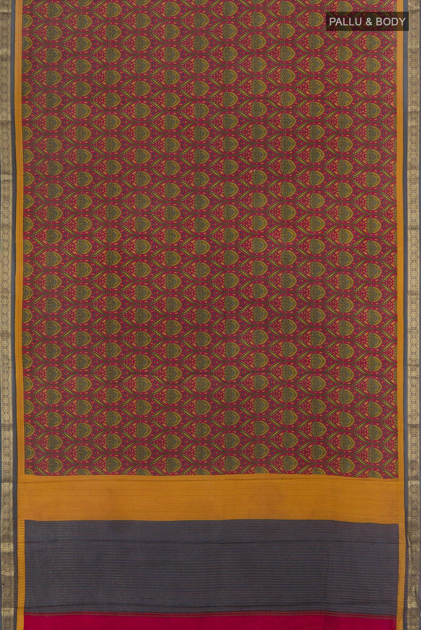 Flat view of Maroon Crepe Saree with Floral Print on the body and Zari Border. 