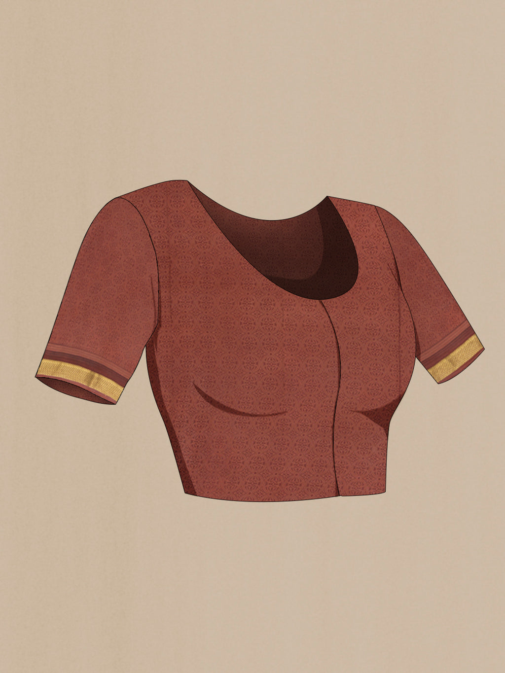 Close up image of the blouse of Coffee Brown Mysore Crepe Saree with Printed design on the body and Zari Border. 
