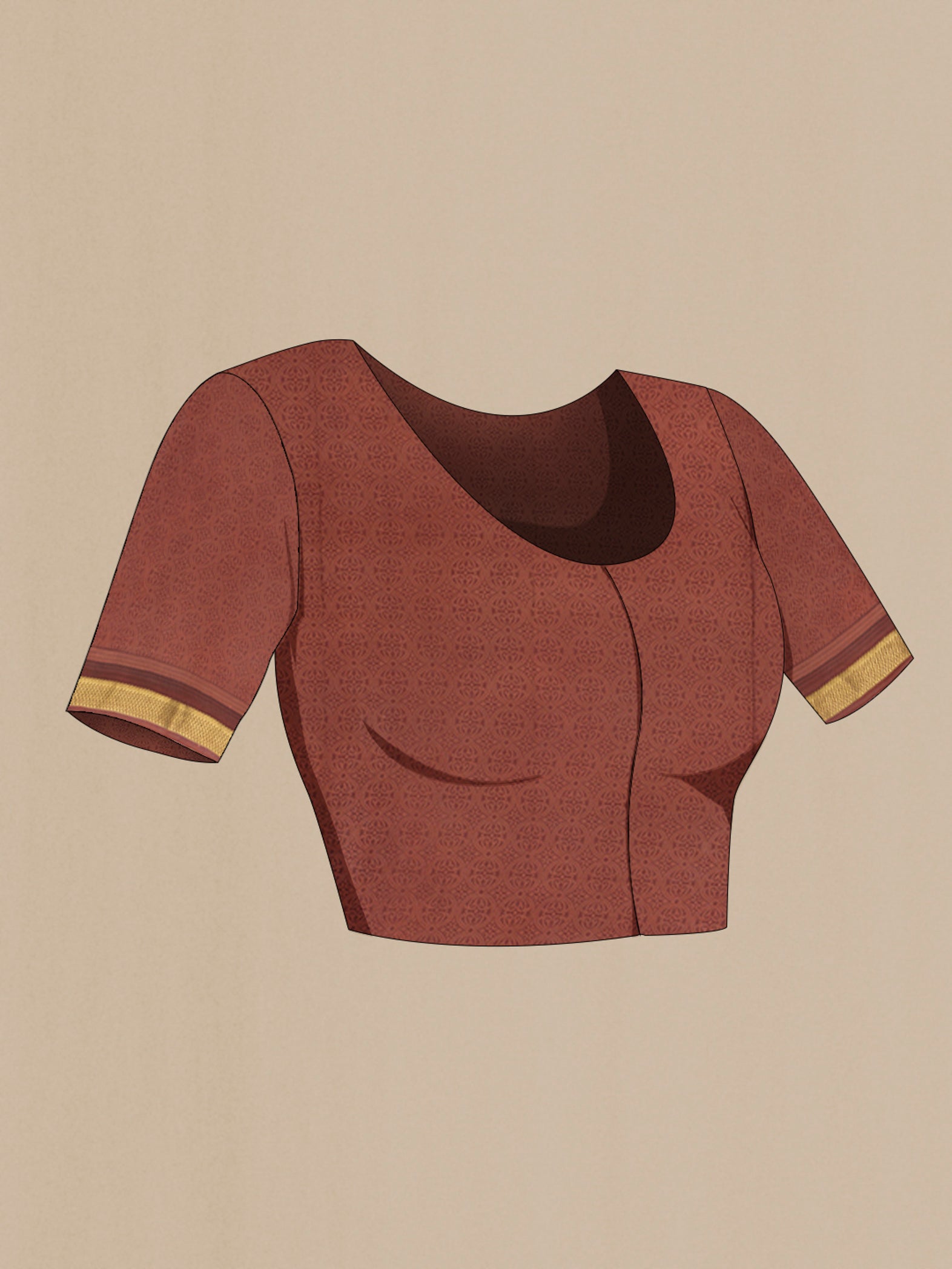 Close up image of the blouse of Coffee Brown Mysore Crepe Saree with Printed design on the body and Zari Border. 
