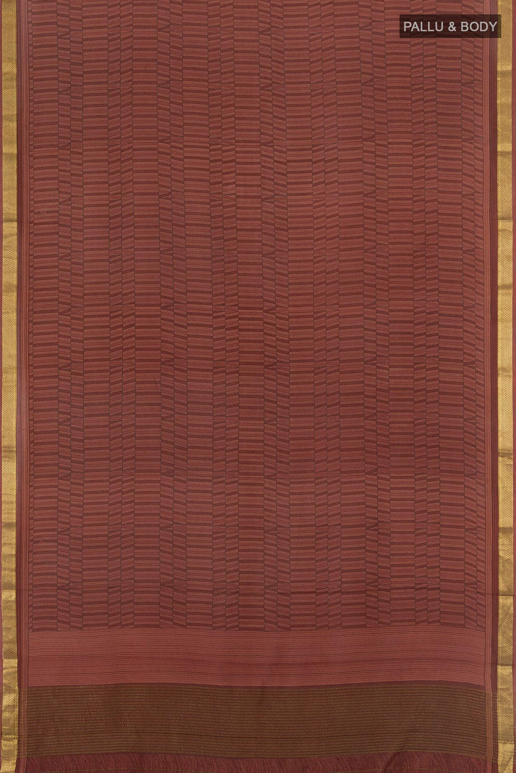 Flat view of Coffee Brown Mysore Crepe Saree with Printed design on the body and Zari Border. 