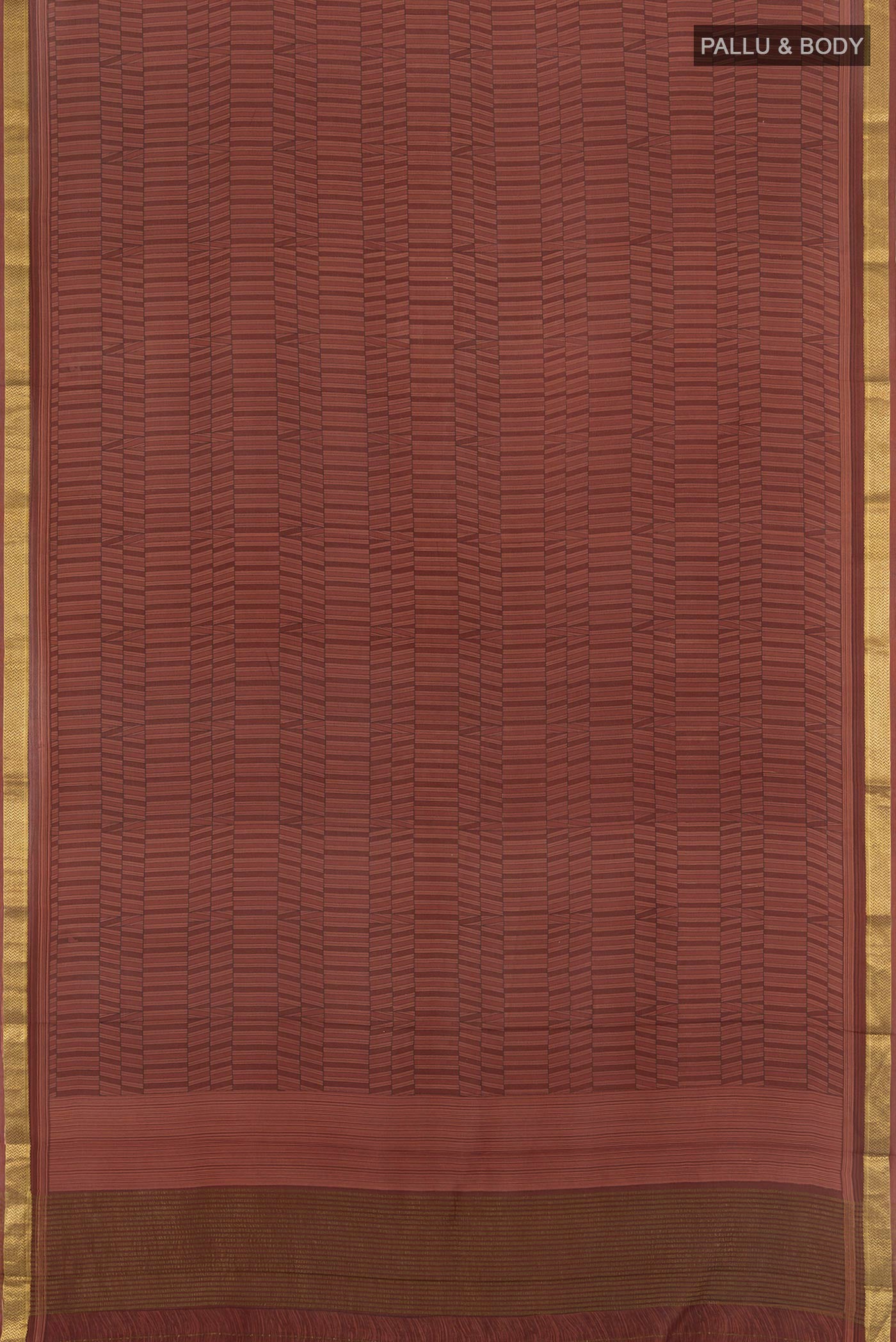 Flat view of Coffee Brown Mysore Crepe Saree with Printed design on the body and Zari Border. 