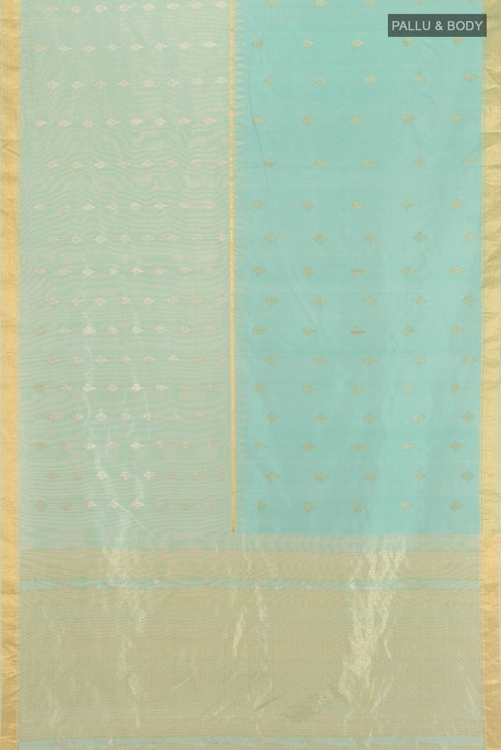 Flat view of Sky Blue Gadwal Silk Saree with Zari Butta on the body and Zari Border. 