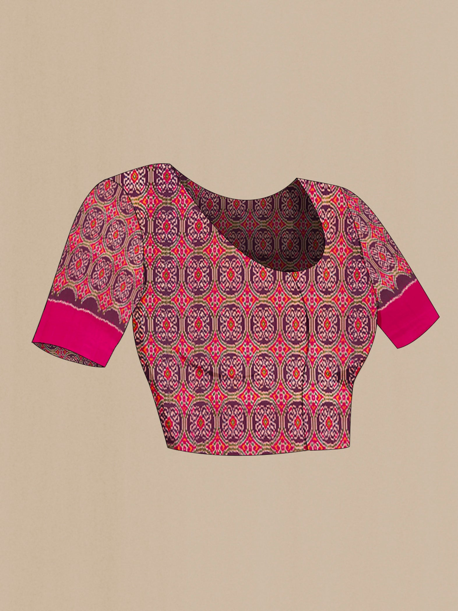Close up image of the blouse of Yellow Pochampally Silk Saree with Ikat design on the body and Plain Border. 