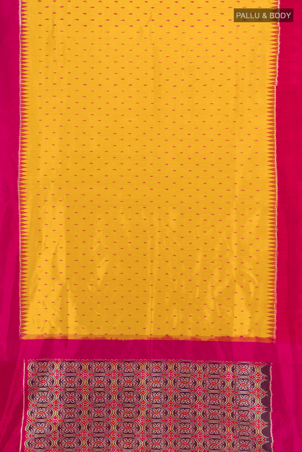 Flat view of Yellow Pochampally Silk Saree with Ikat design on the body and Plain Border. 