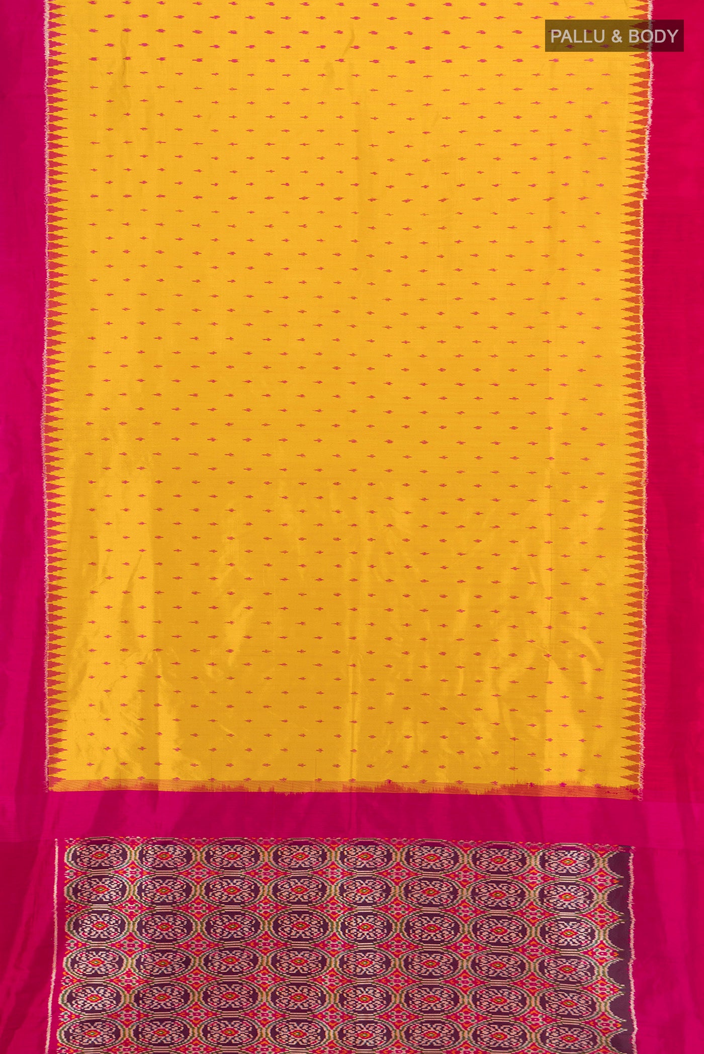 Flat view of Yellow Pochampally Silk Saree with Ikat design on the body and Plain Border. 