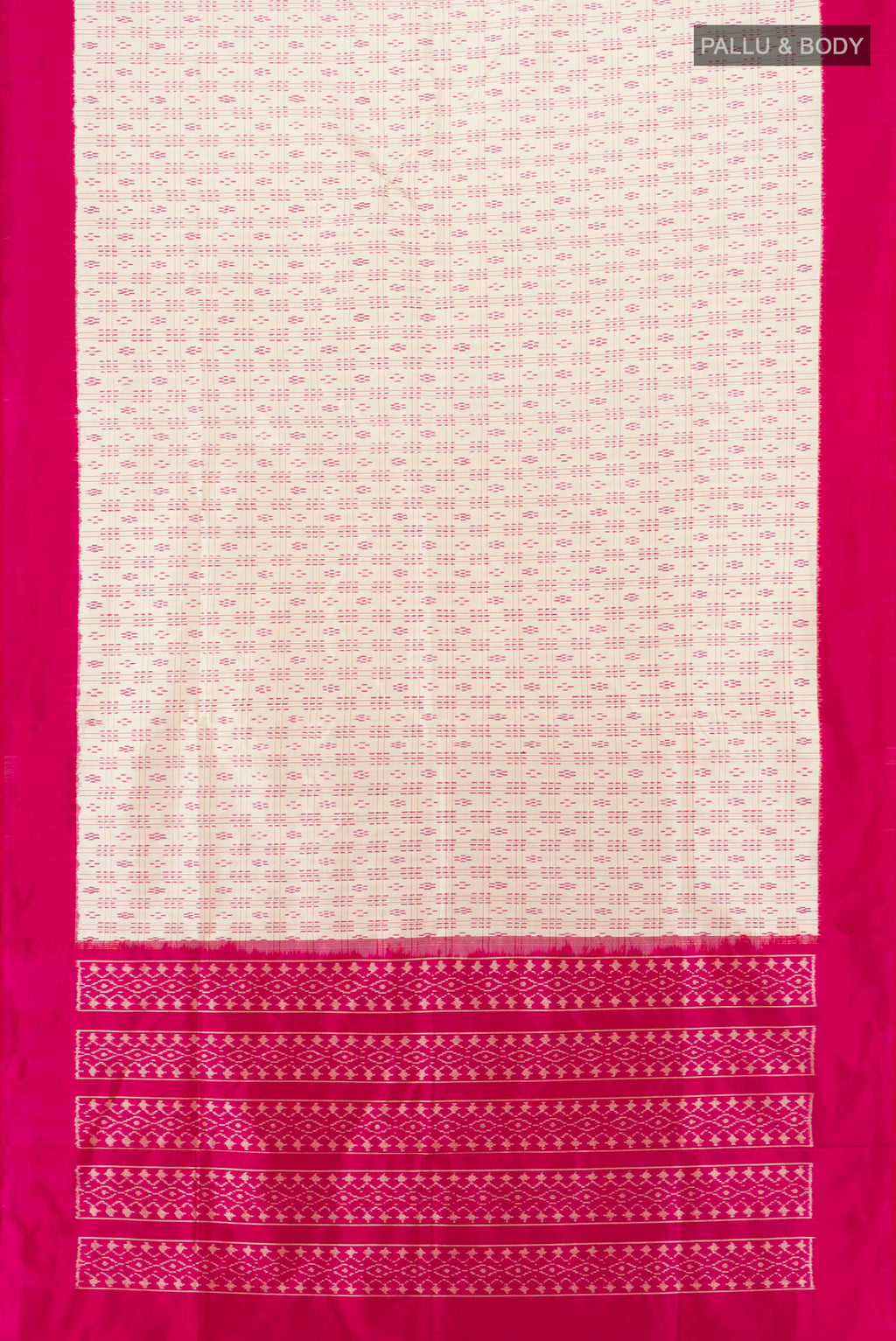 Flat view of Pure Silk Cream Pochampally Saree with Pure Ikat on the body and Plain Border. 
