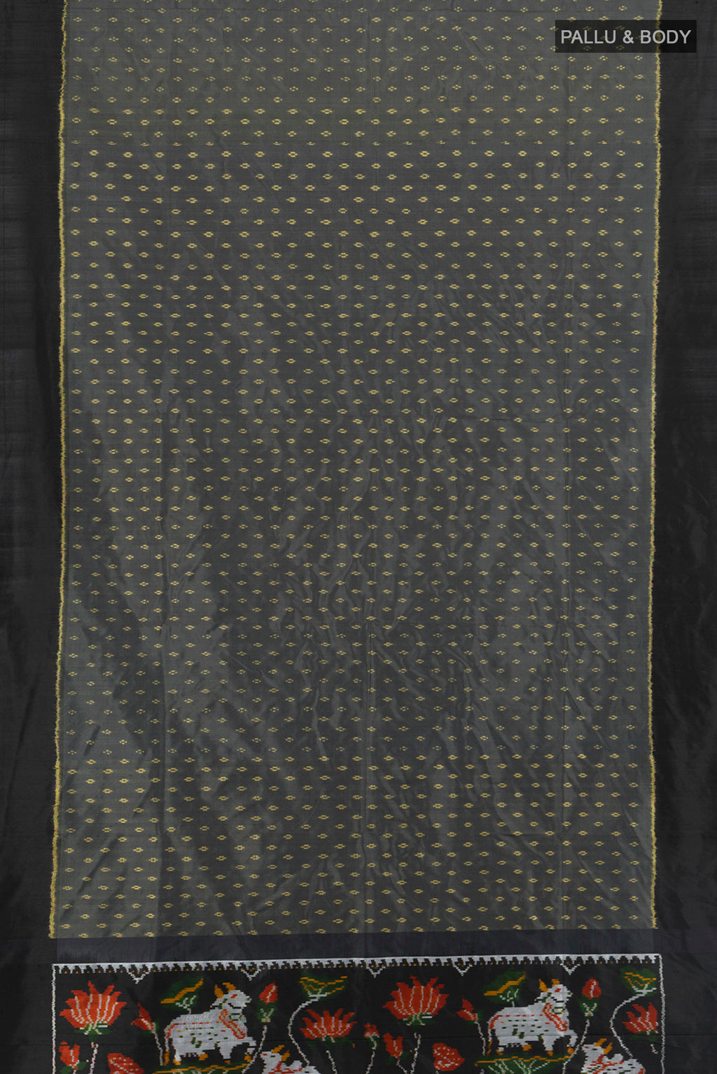 Flat view of Davys Grey Pochampally Silk Saree with Pure Ikat on the body and Plain Border. 