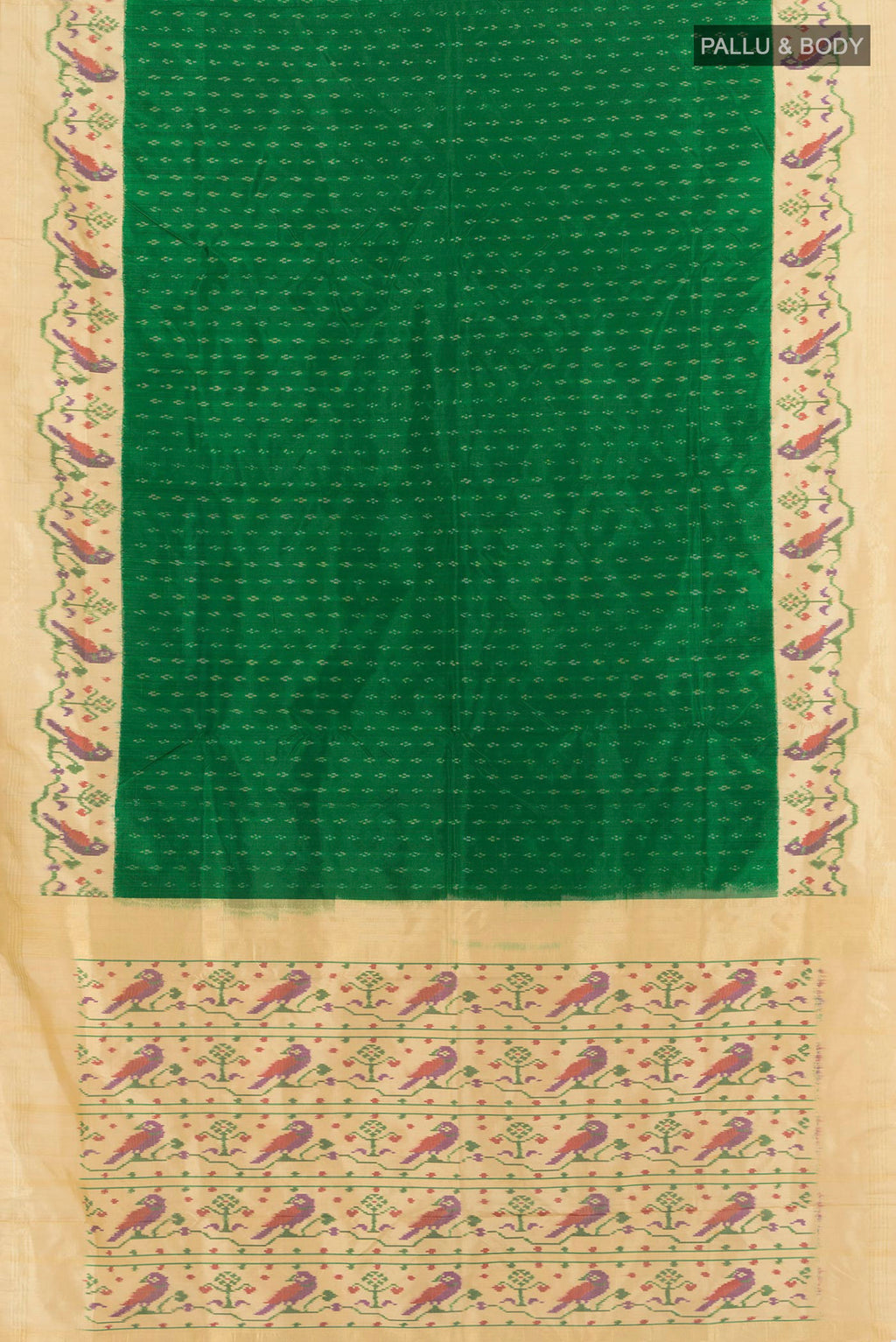 Flat view of Green Pochampally Silk Saree with Pure Ikat on the body and Zari Border. 