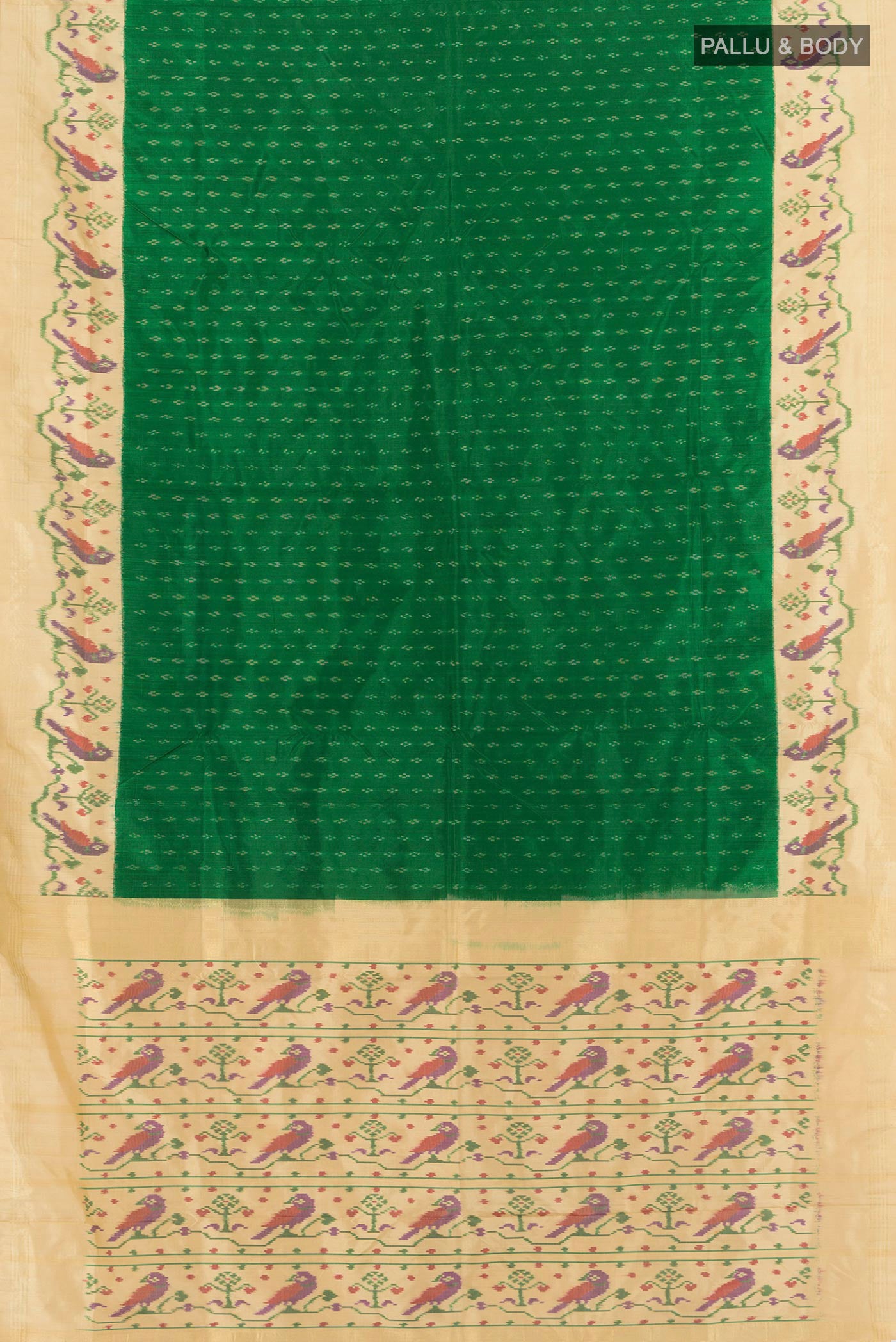 Flat view of Green Pochampally Silk Saree with Pure Ikat on the body and Zari Border. 
