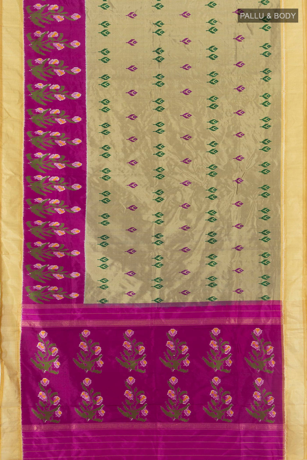 Flat view of Dark Beige Pochampally Silk Saree with Pure Ikat on the body and Ikat Border. 