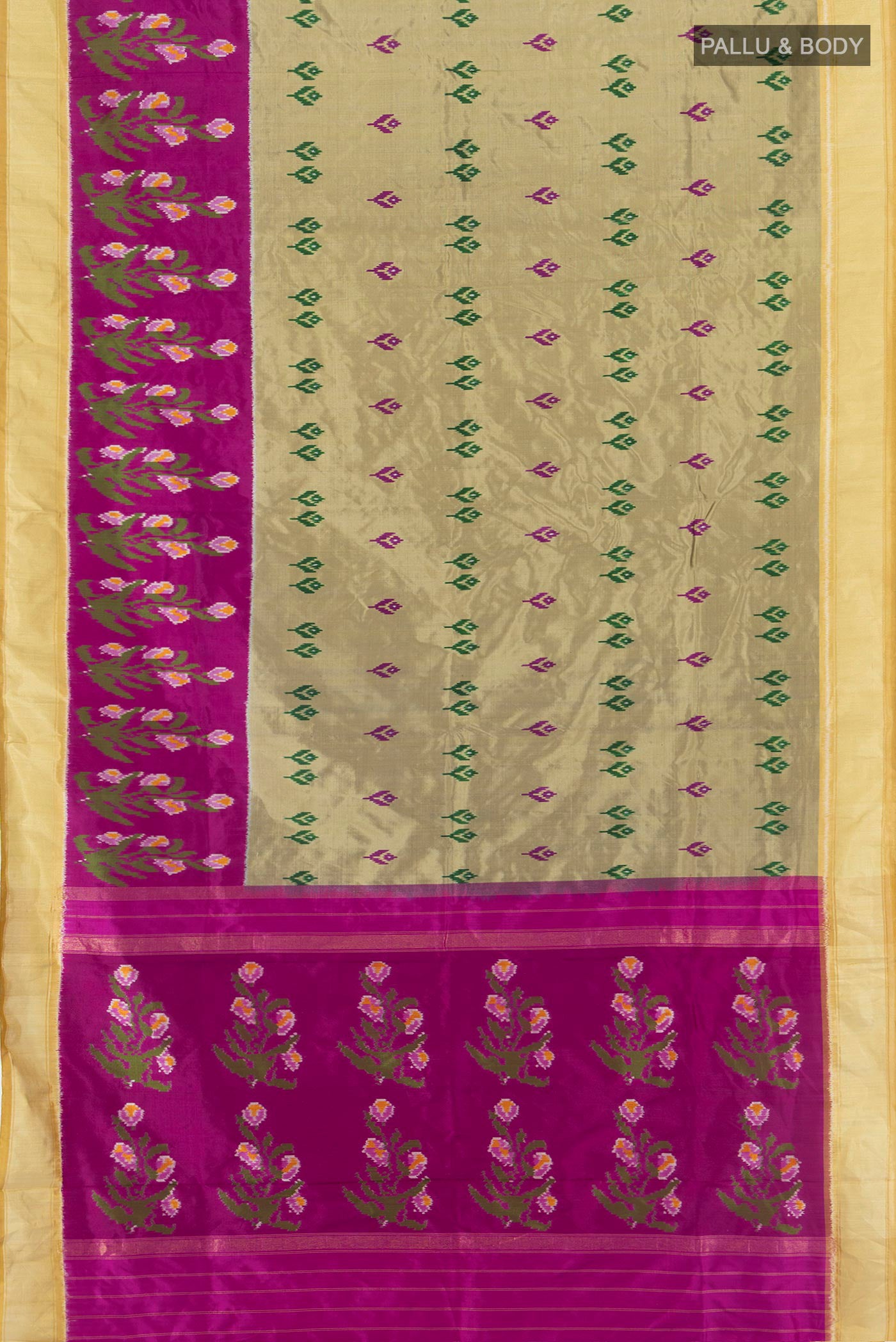 Flat view of Dark Beige Pochampally Silk Saree with Pure Ikat on the body and Ikat Border. 