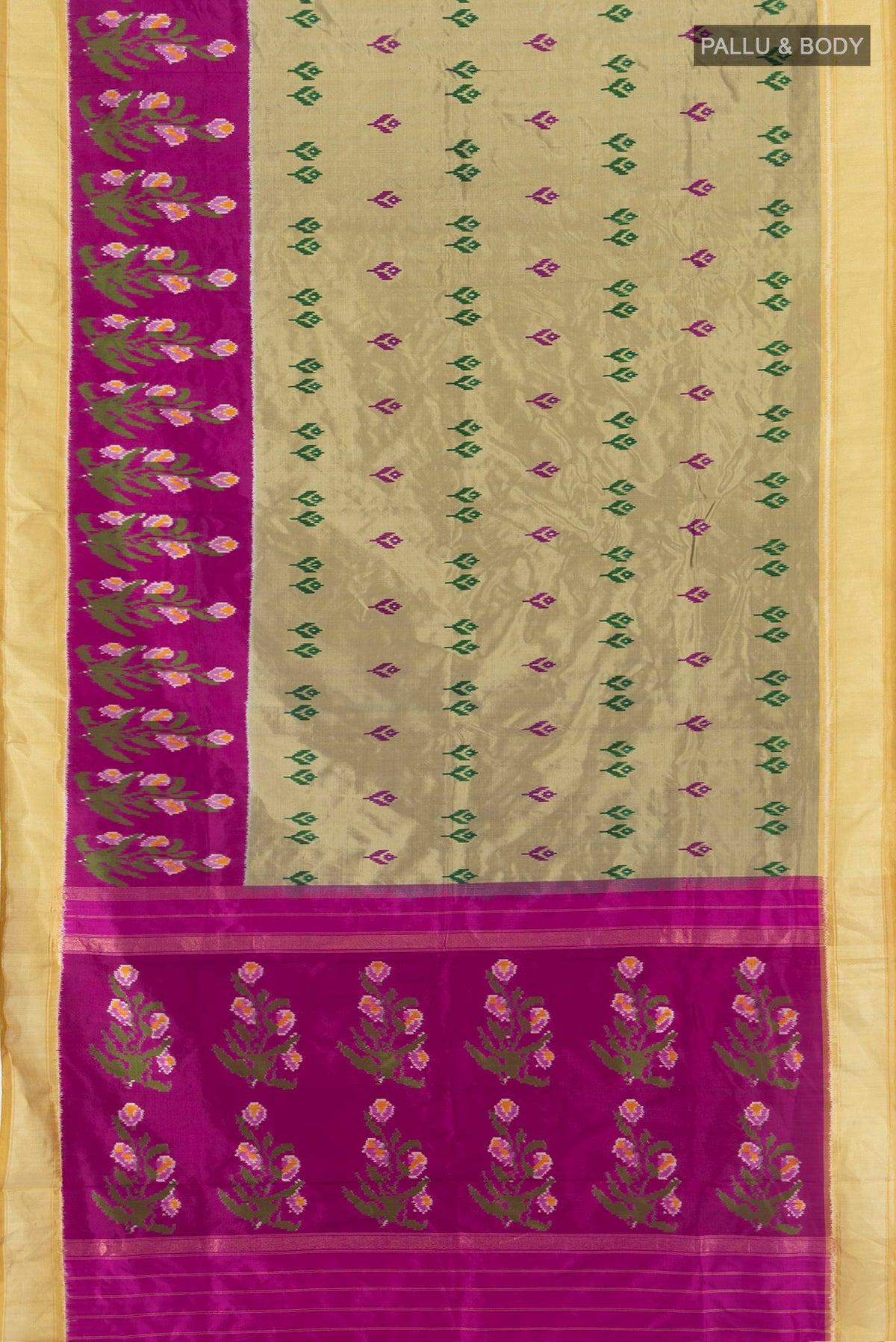 Flat view of Dark Beige Pochampally Silk Saree with Pure Ikat on the body and Ikat Border. 