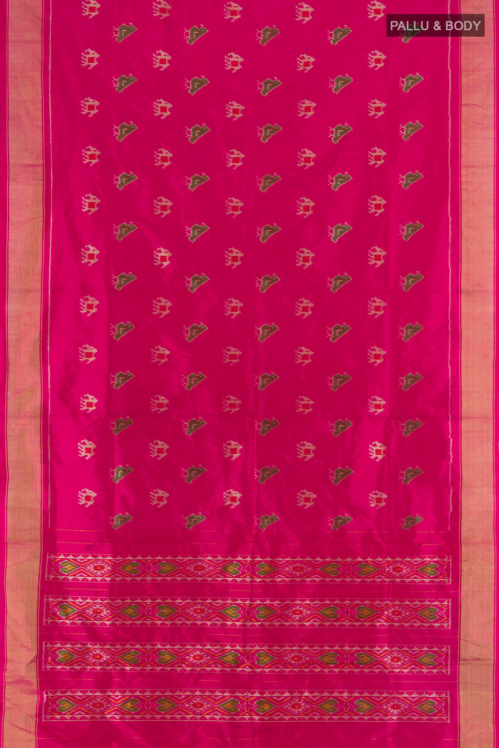 Flat view of Pure Silk Dark Pink Pochampally Saree with Pure Ikat on the body and Zari Border. 
