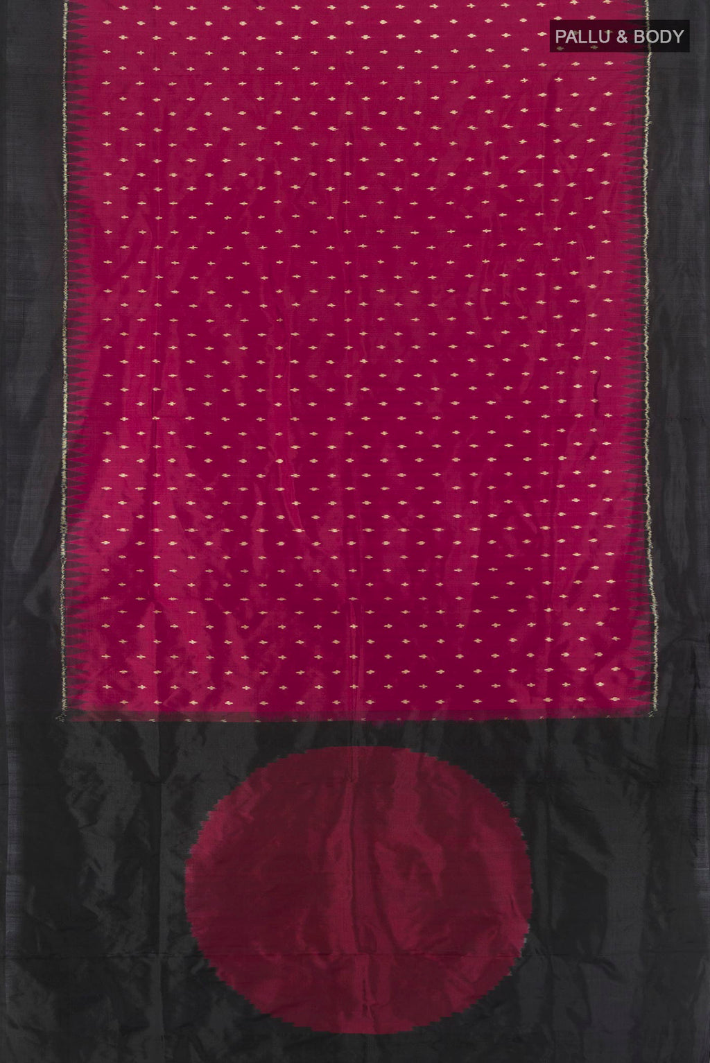 Flat view of Maroon Pochampally Silk Saree with Pure Ikat on the body and Plain Border. 