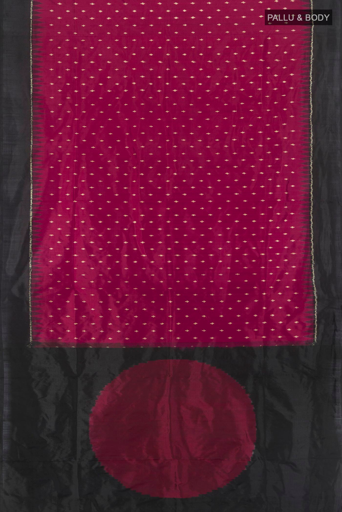 Flat view of Maroon Pochampally Silk Saree with Pure Ikat on the body and Plain Border. 