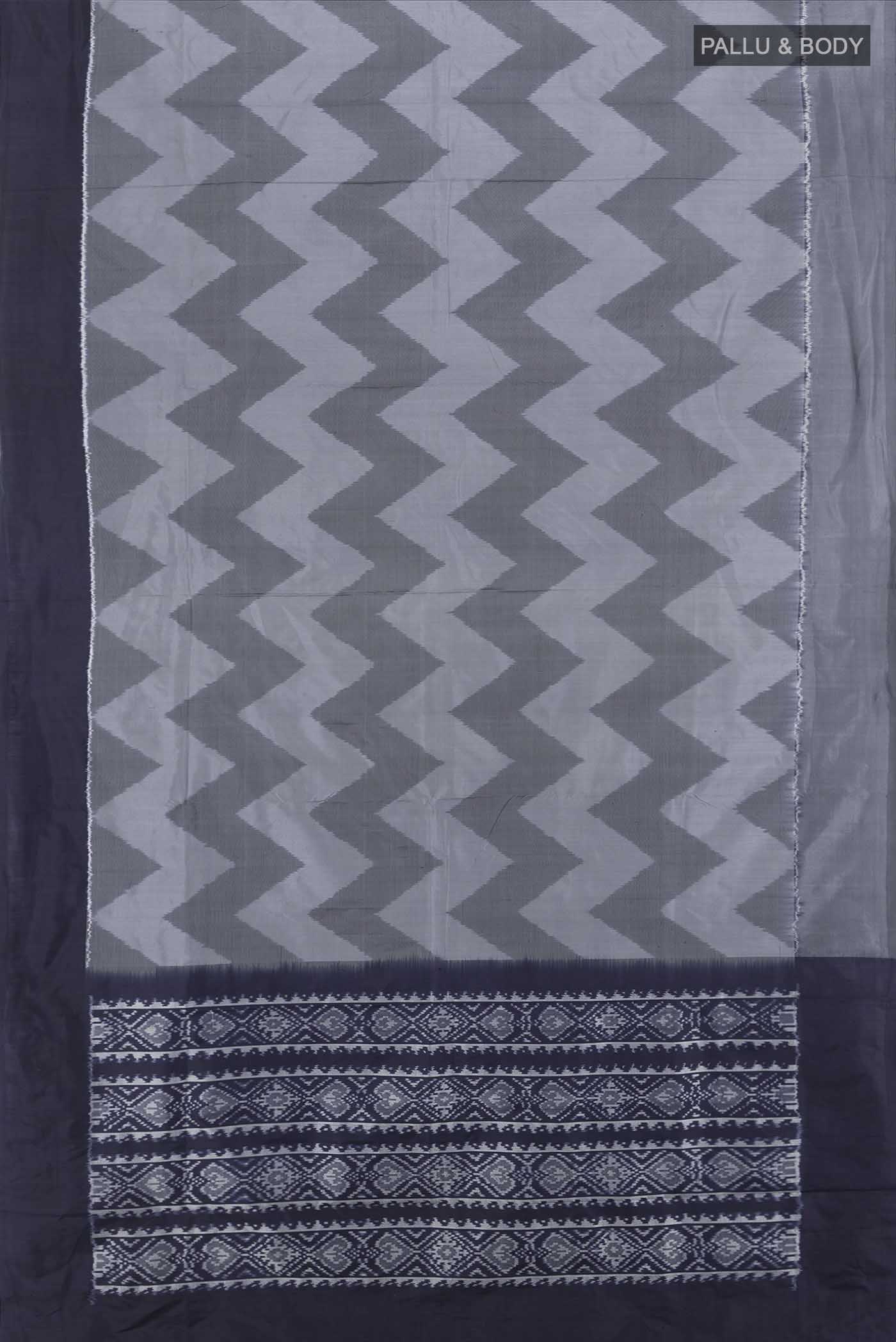 Flat view of Grey Pochampally Saree with Ikat Print on the body and Silk Border. 