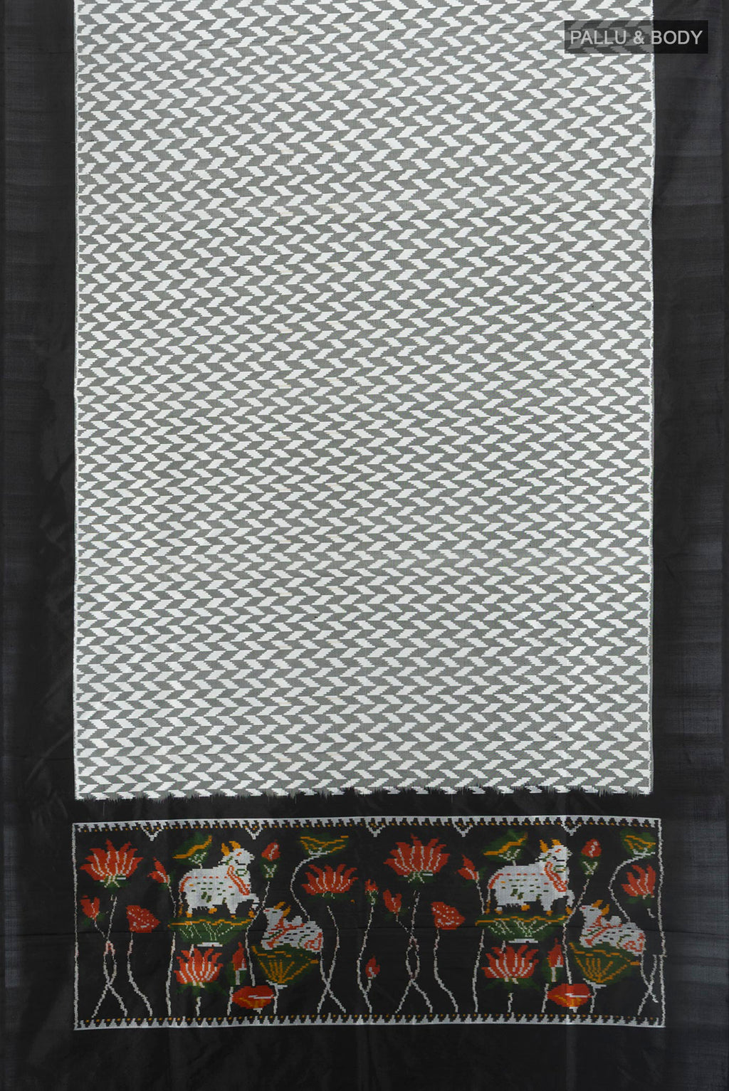 Flat view of Multi Color Pochampally Silk Saree with Pure Ikat on the body and Plain Border. 
