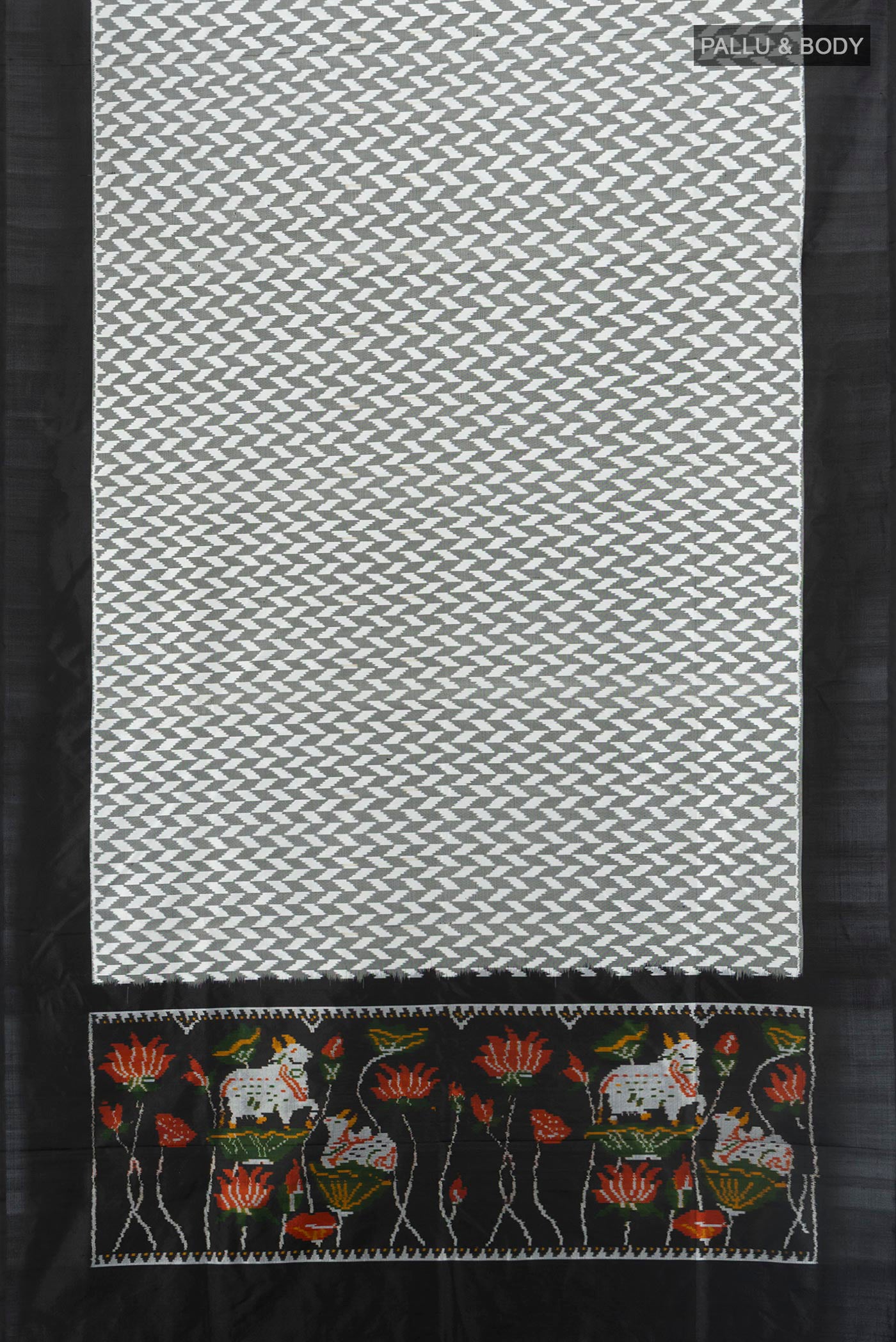 Flat view of Multi Color Pochampally Silk Saree with Pure Ikat on the body and Plain Border. 