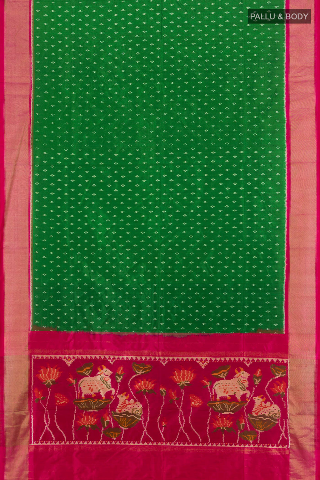 Flat view of Green Pochampally Saree with Pure Ikat on the body and Zari Border. 